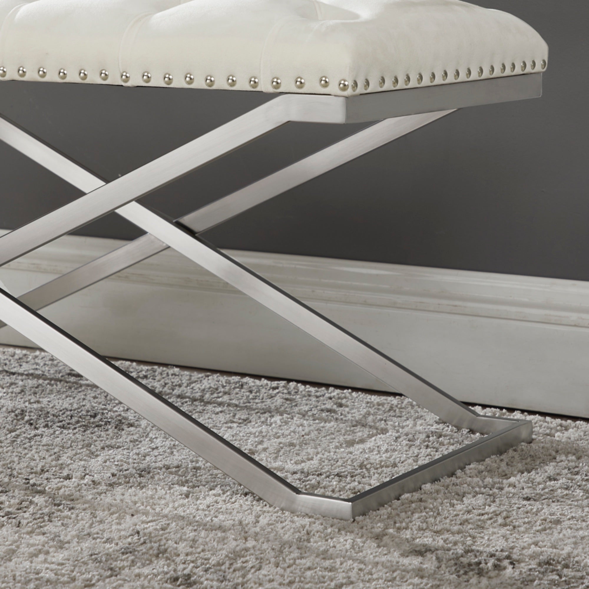 Imperial Tufted Double Bench – Beige with Silver X Base, Elegant Home Seating