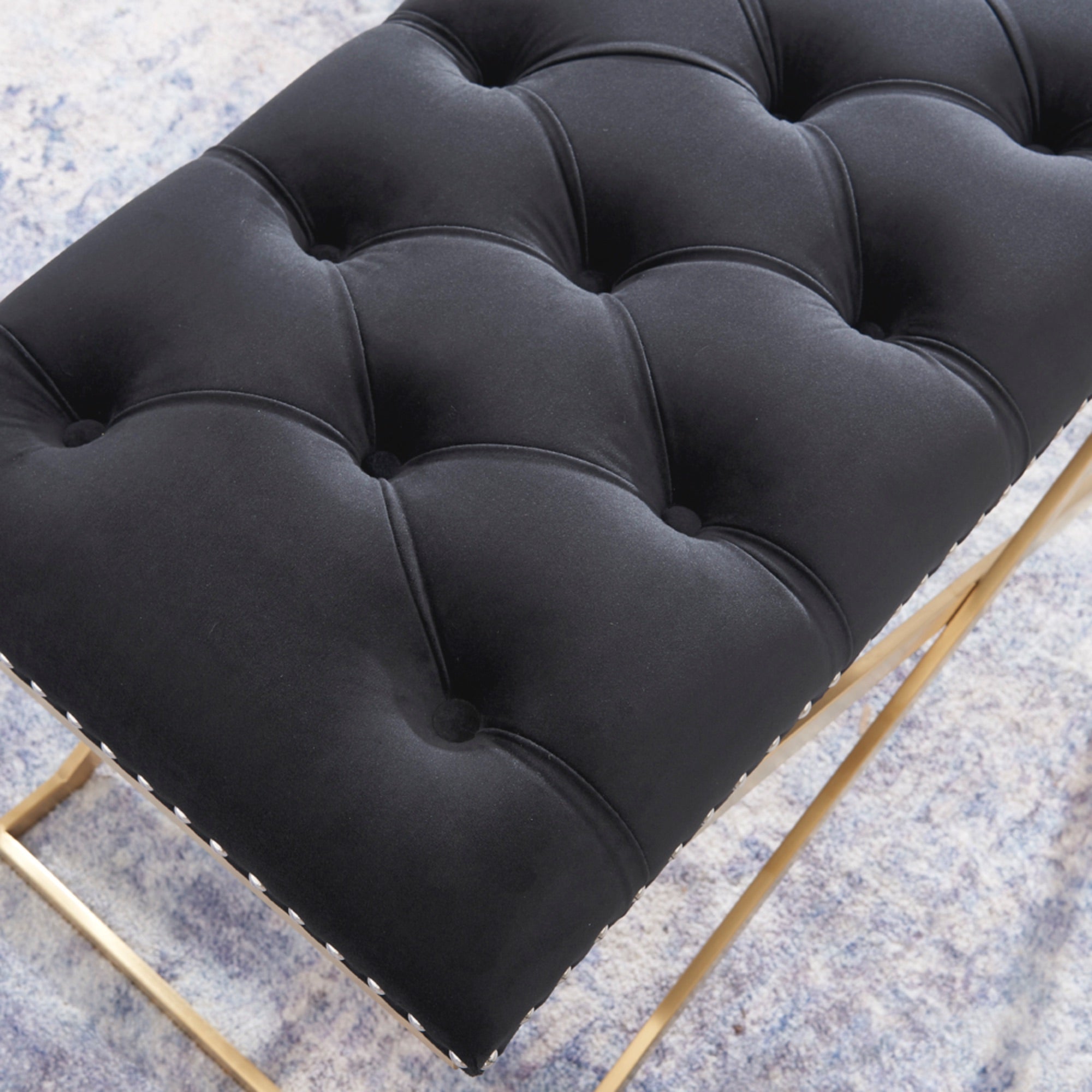 Imperial Tufted Double Bench – Black with Gold X Base, Luxury Accent Seating