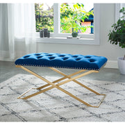 Imperial Tufted Double Bench – Navy Blue with Gold X Base, Accent Seating