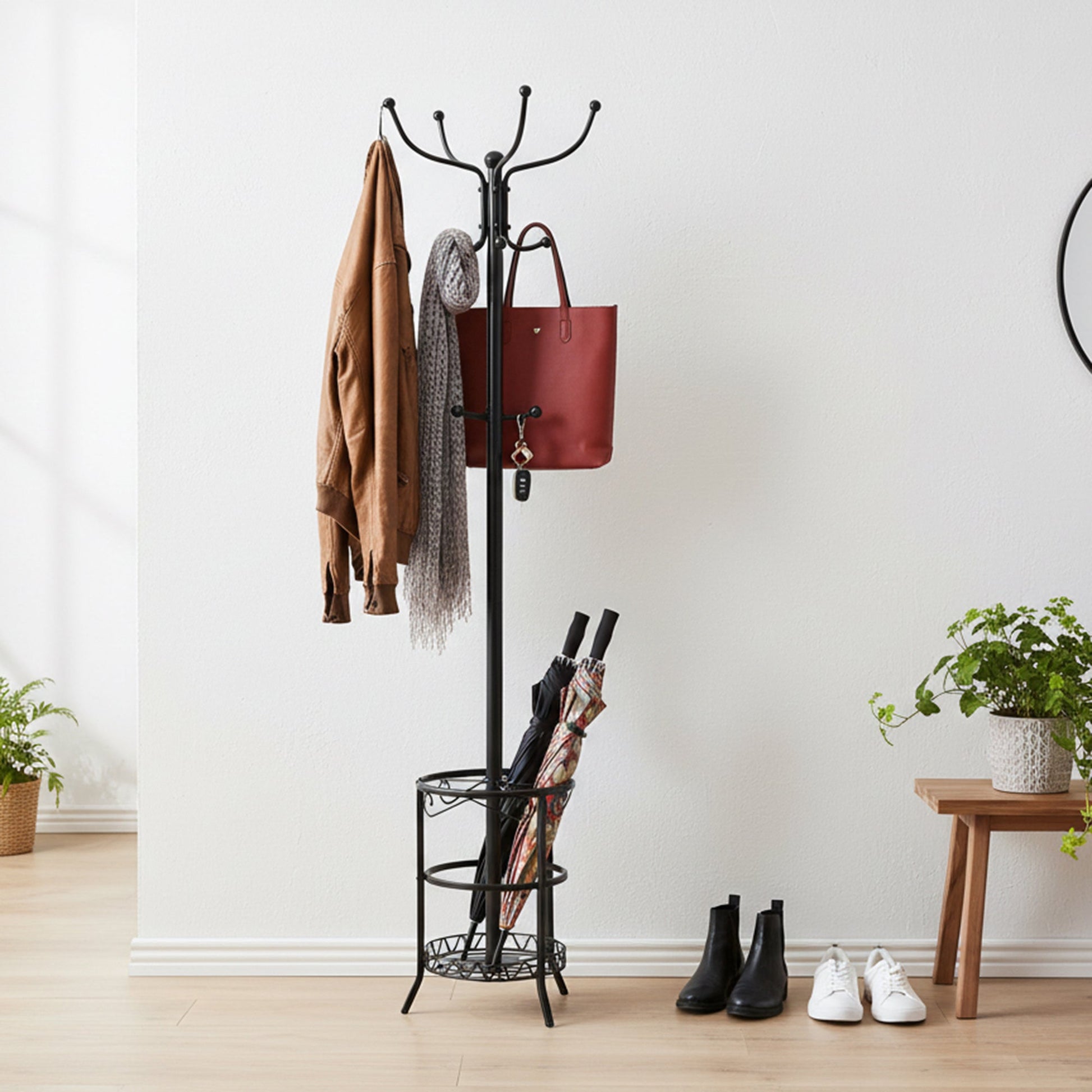 Black Metal Coat Rack with Integrated Umbrella Stand