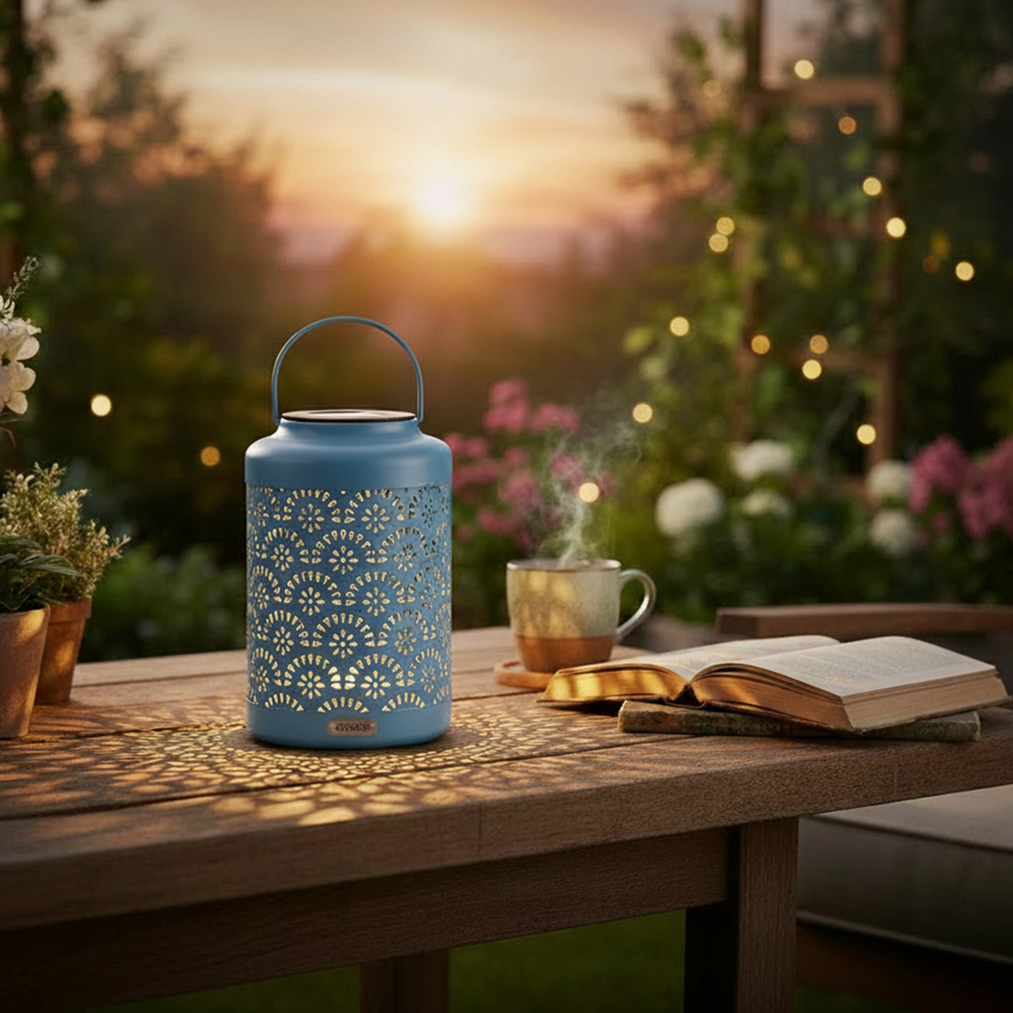 LED Solar-Powered Metal Lantern with Sea Shell Motif