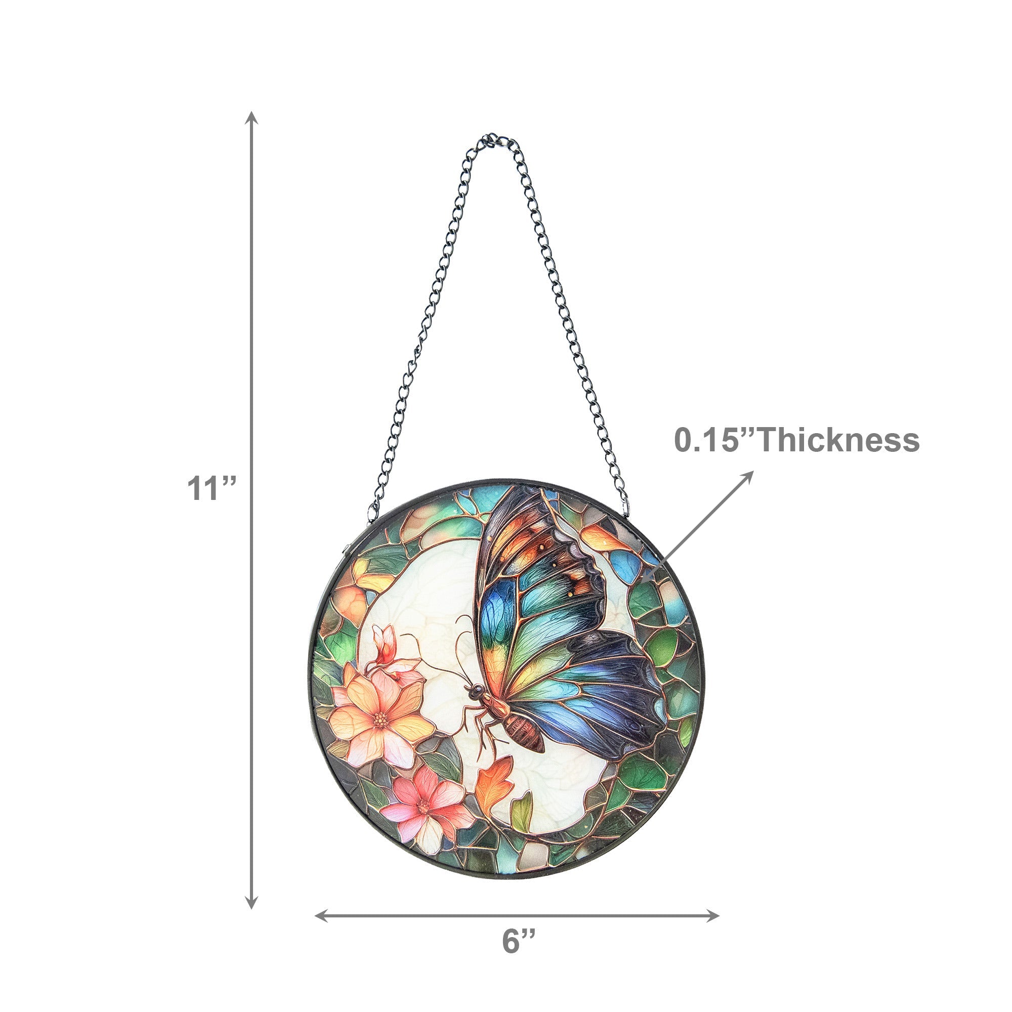 6-Inch Stained Glass Butterfly Suncatcher with Floral Design