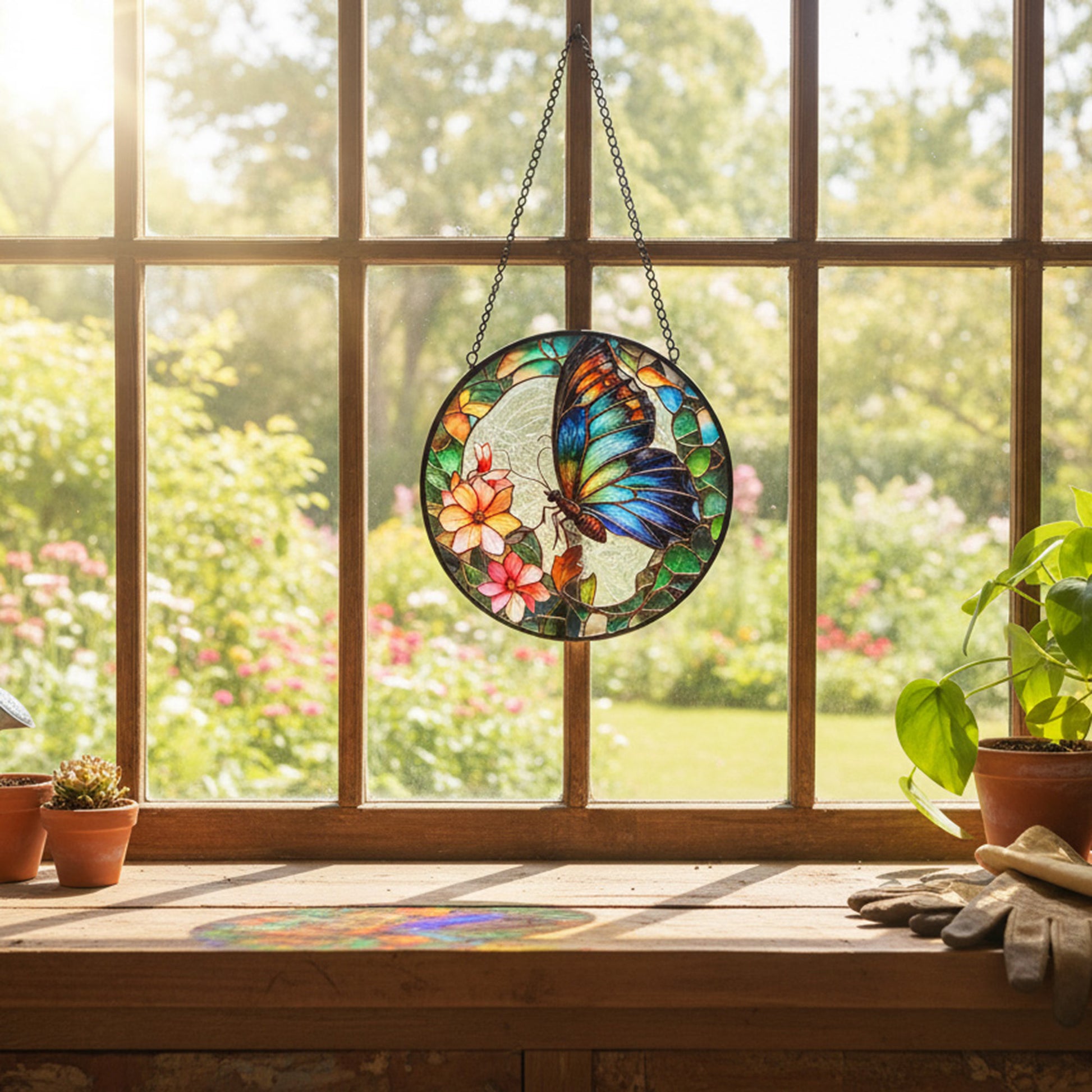 6-Inch Stained Glass Butterfly Suncatcher with Floral Design