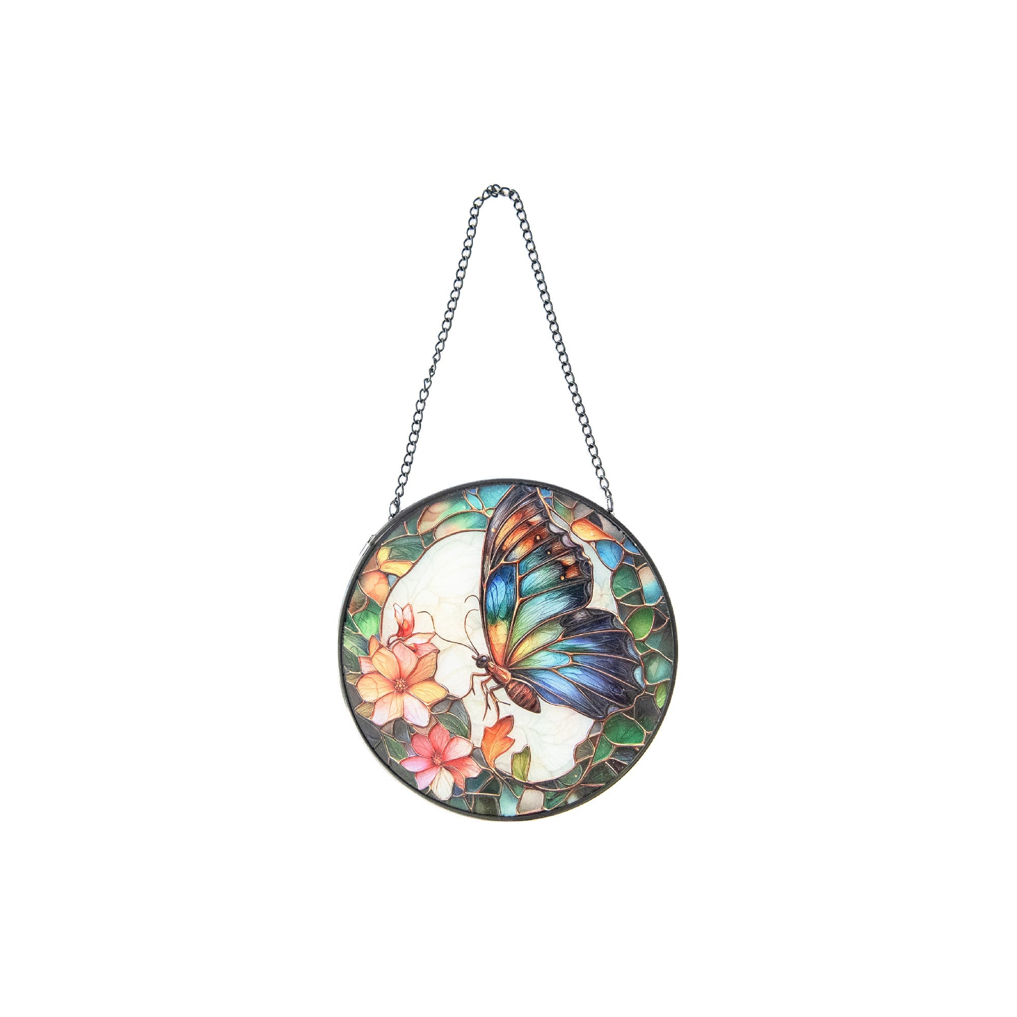 6-Inch Stained Glass Butterfly Suncatcher with Floral Design