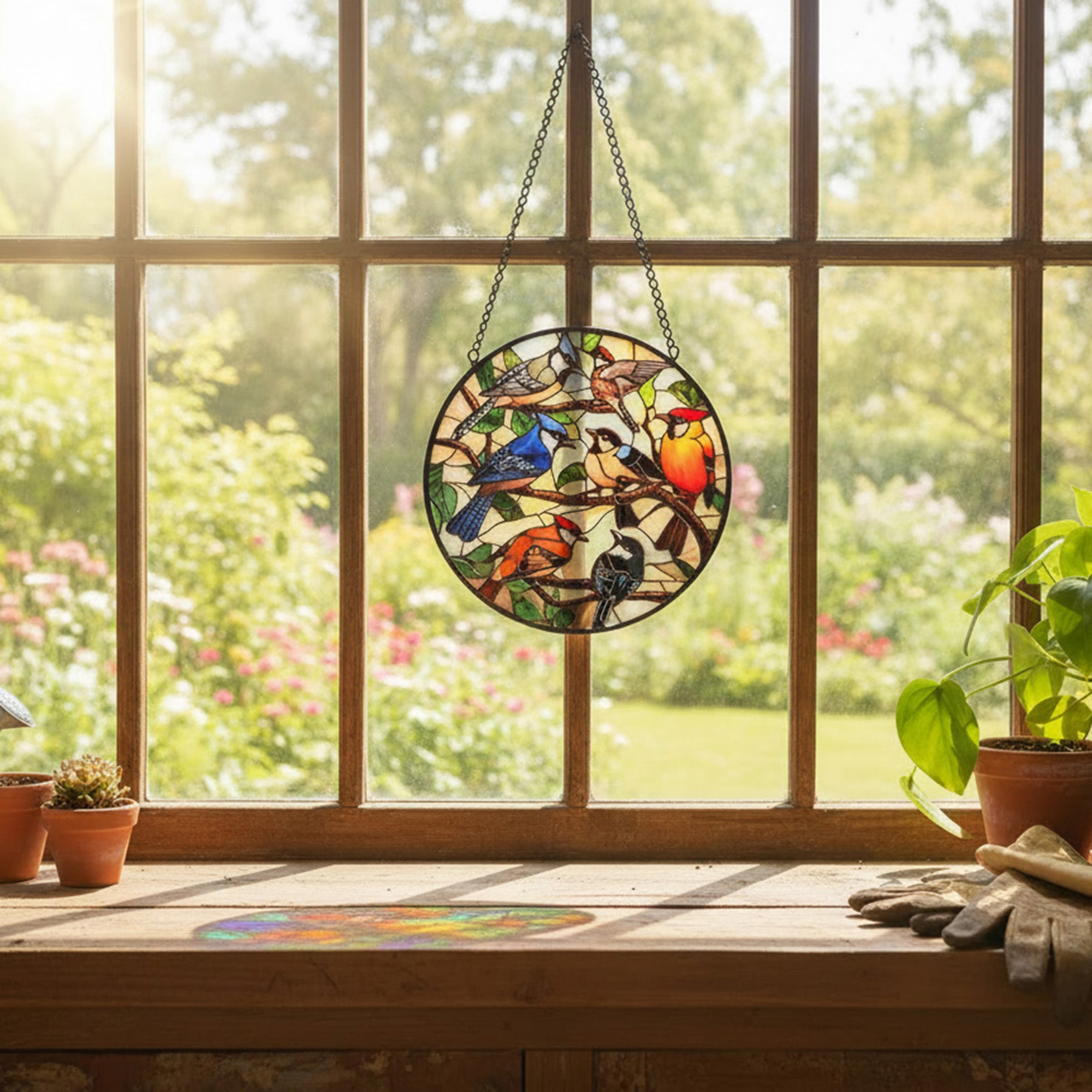 6-Inch Stained Glass Suncatcher with Colorful Hummingbirds