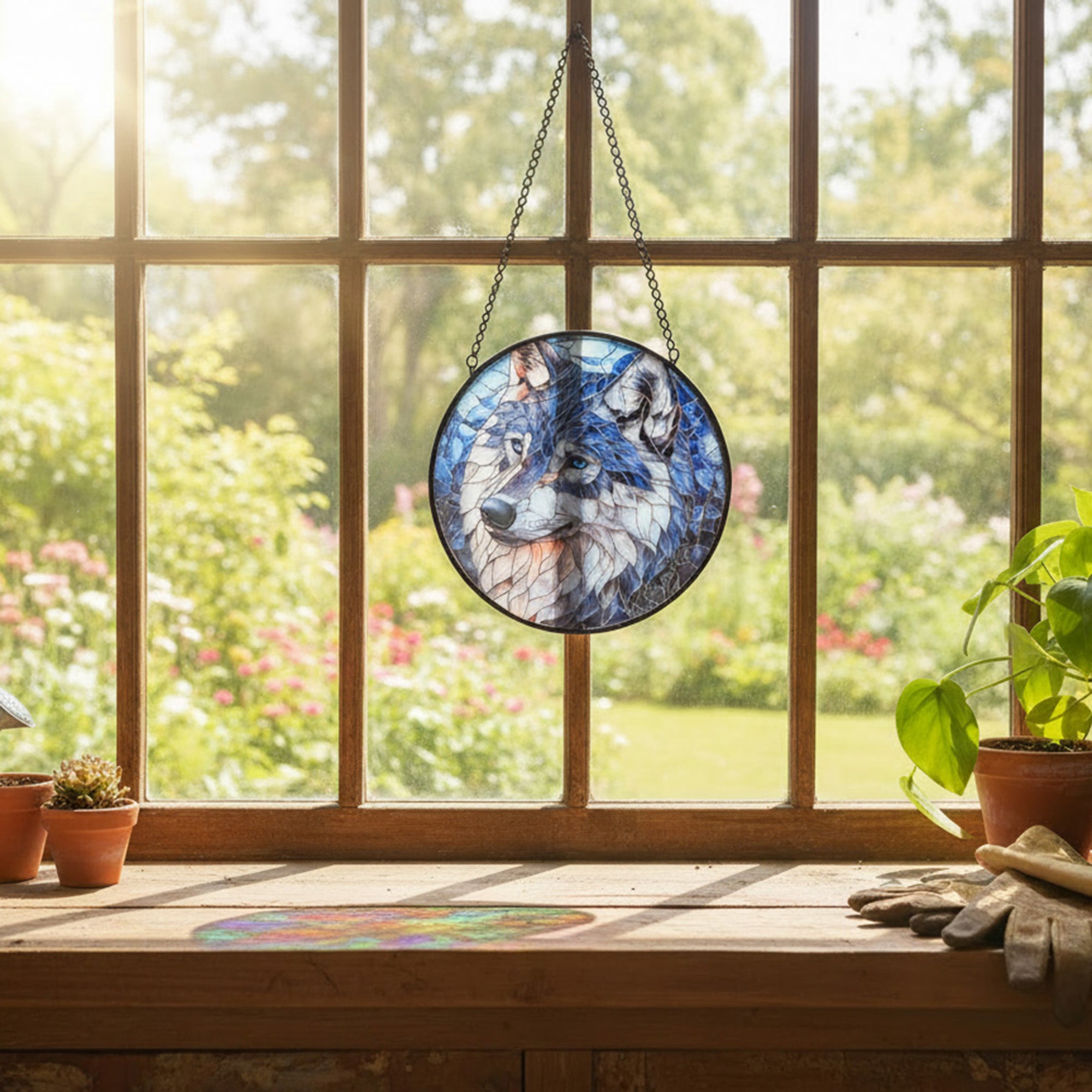6-Inch Stained Glass Wolf Suncatcher