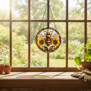 6-Inch Stained Glass Bee and Sunflowers Suncatcher