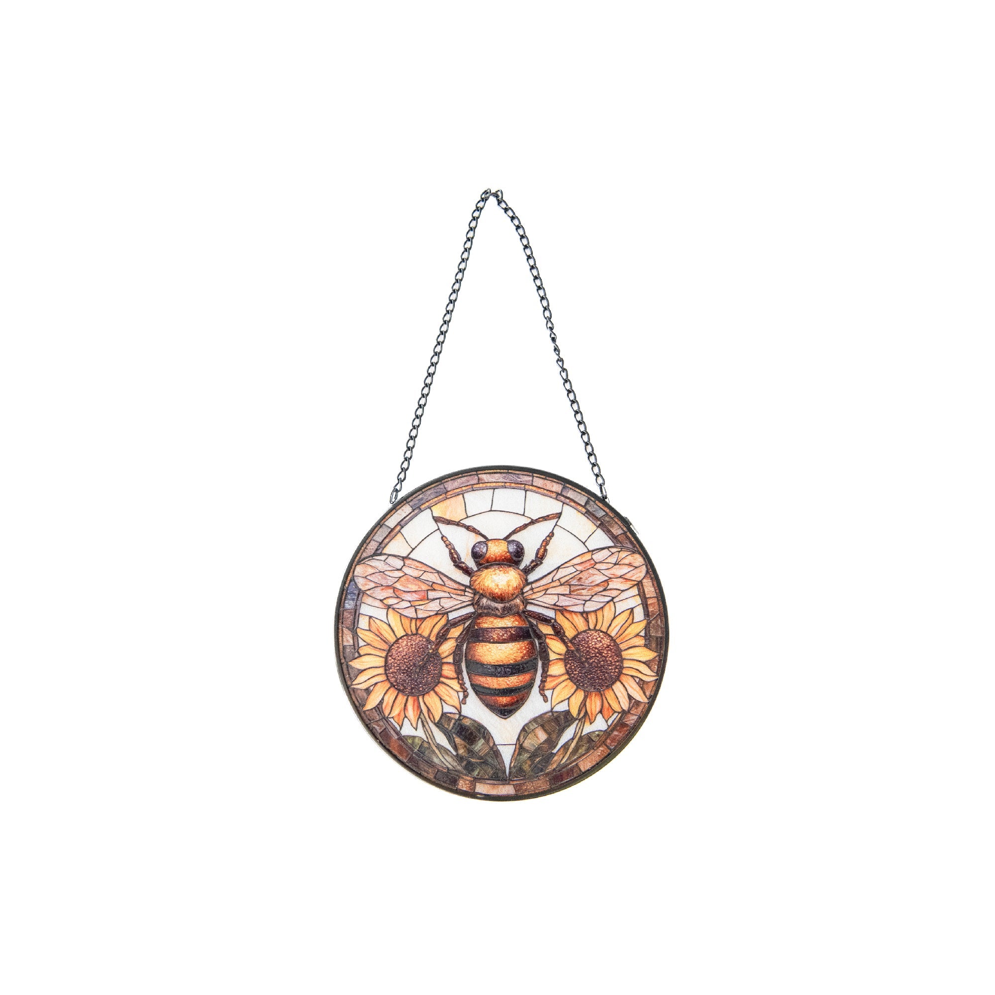 6-Inch Stained Glass Bee and Sunflowers Suncatcher