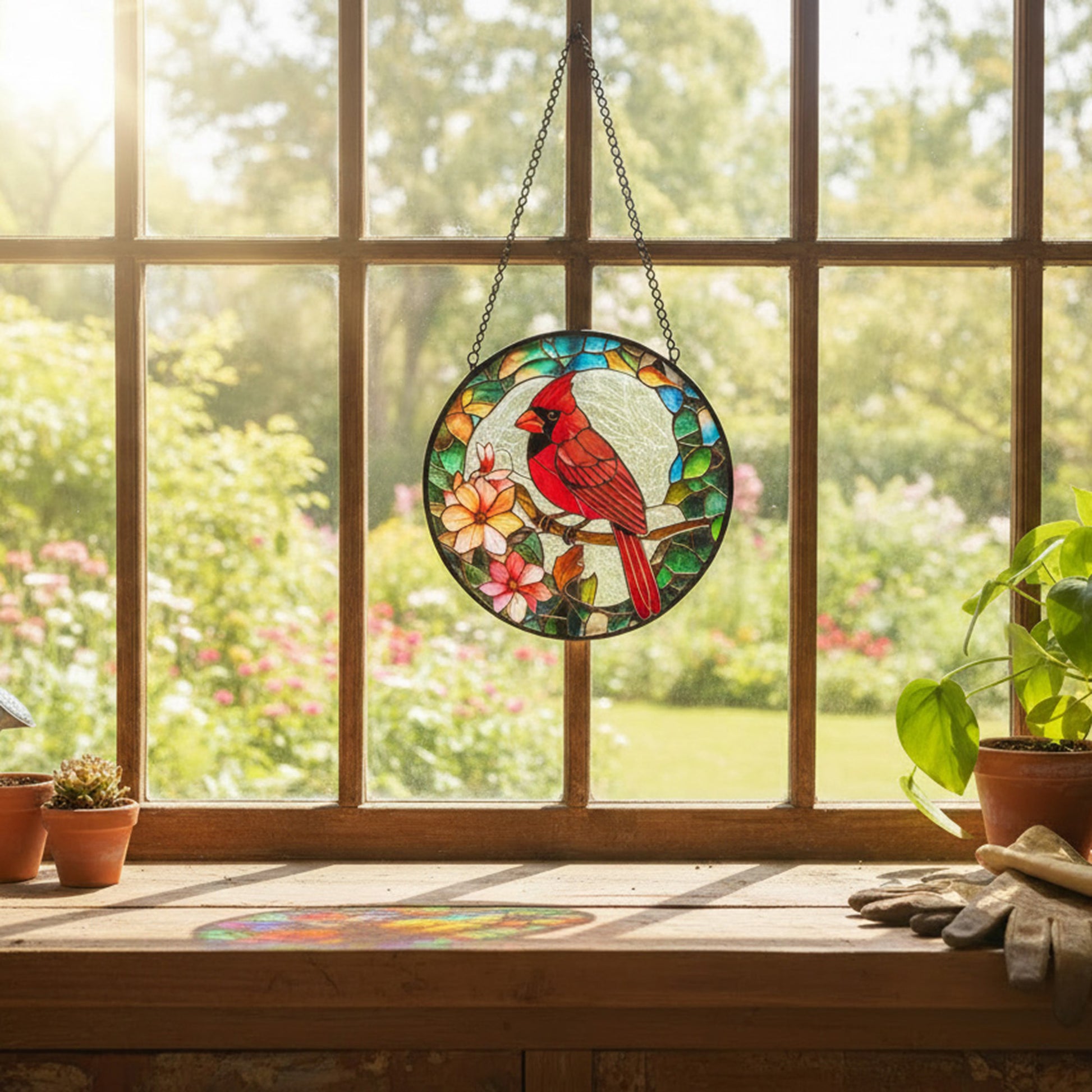 6-Inch Stained Glass Cardinal Bird Suncatcher