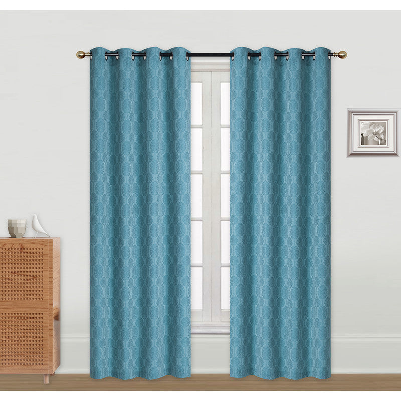 Jacquard Curtain Panel Tree Blue 96" With 8 Grommets Window Drapery - Set of 2