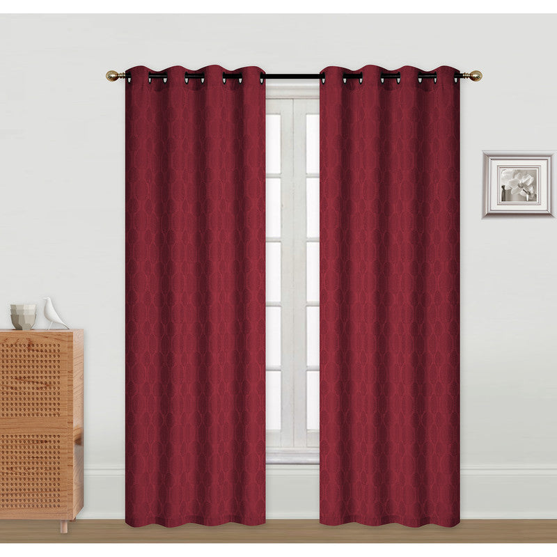 Jacquard Curtain Panel Tree Burgundy 84" With 8 Grommets Window Drapery - Set of 2