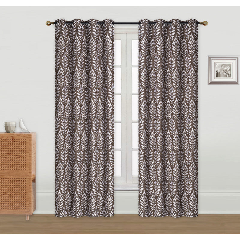 Embroidered Curtain Panel Fern Chocolate 96" With 8 Grommets Window Drapery - Set of 2
