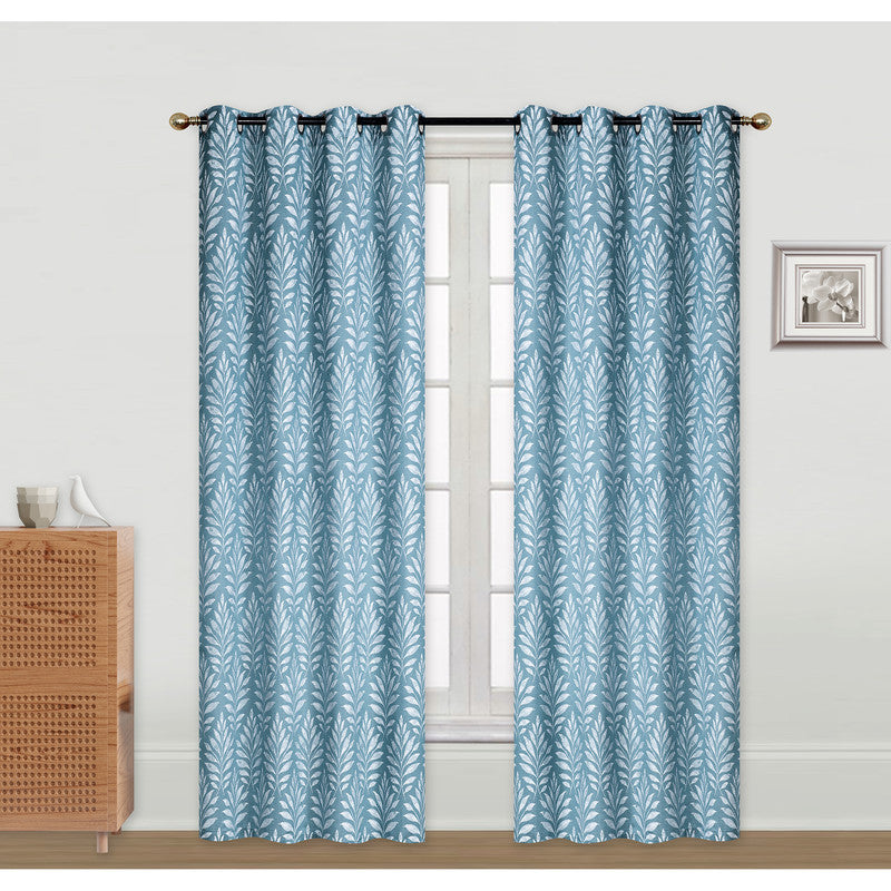 Embroidered Curtain Panel Fern Teal 96" With 8 Grommets Window Drapery - Set of 2