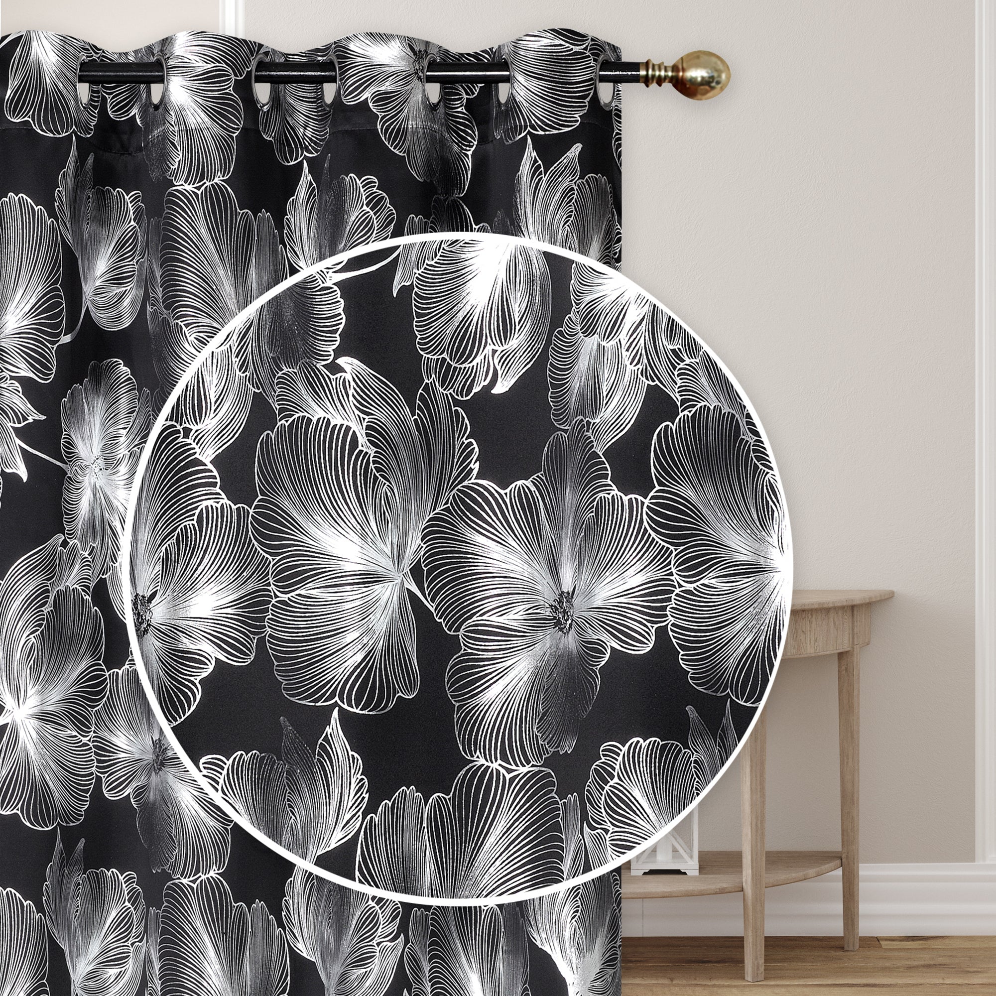 Foil Print Window Curtain Panel with 8 Grommets Hibiscus Black 96" - Set of 2 Decorative Floral Window Drapes