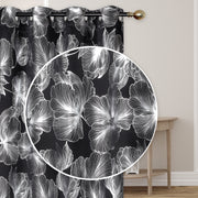 Foil Print Window Curtain Panel with 8 Grommets Hibiscus Black 84" - Set of 2 Modern Floral Window Drapes