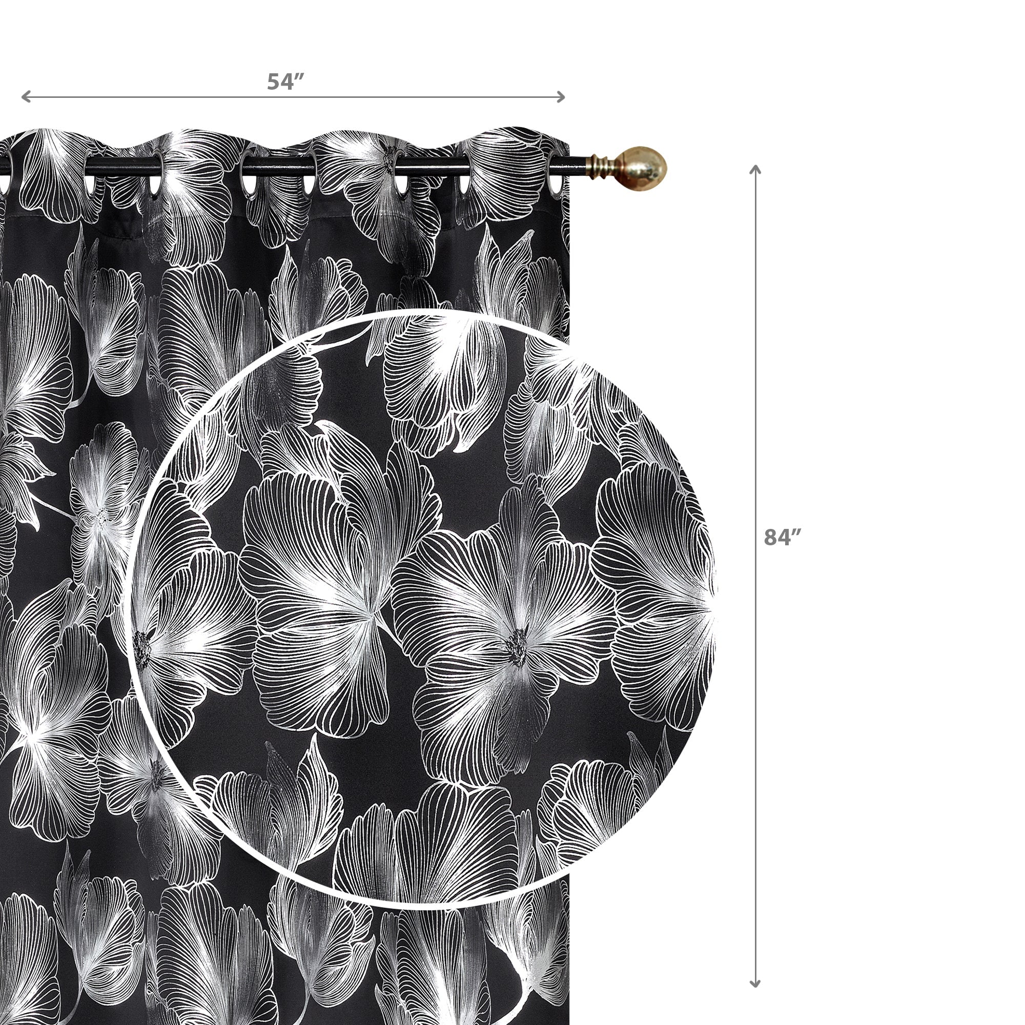 Foil Print Window Curtain Panel with 8 Grommets Hibiscus Black 84" - Set of 2 Modern Floral Window Drapes