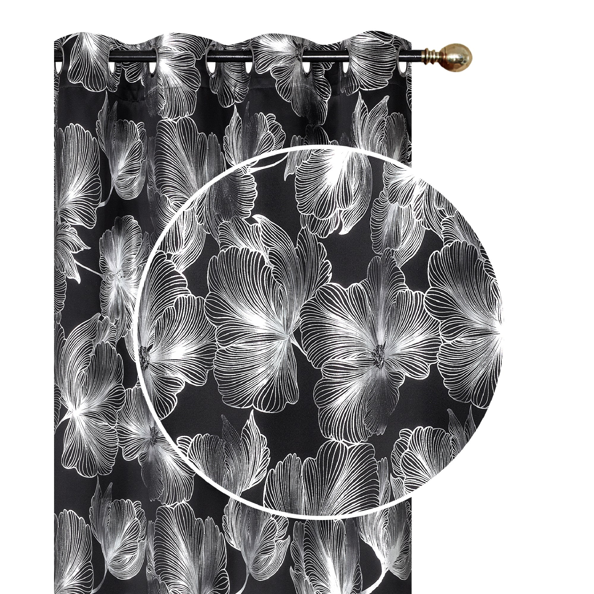 Foil Print Window Curtain Panel with 8 Grommets Hibiscus Black 84" - Set of 2 Modern Floral Window Drapes