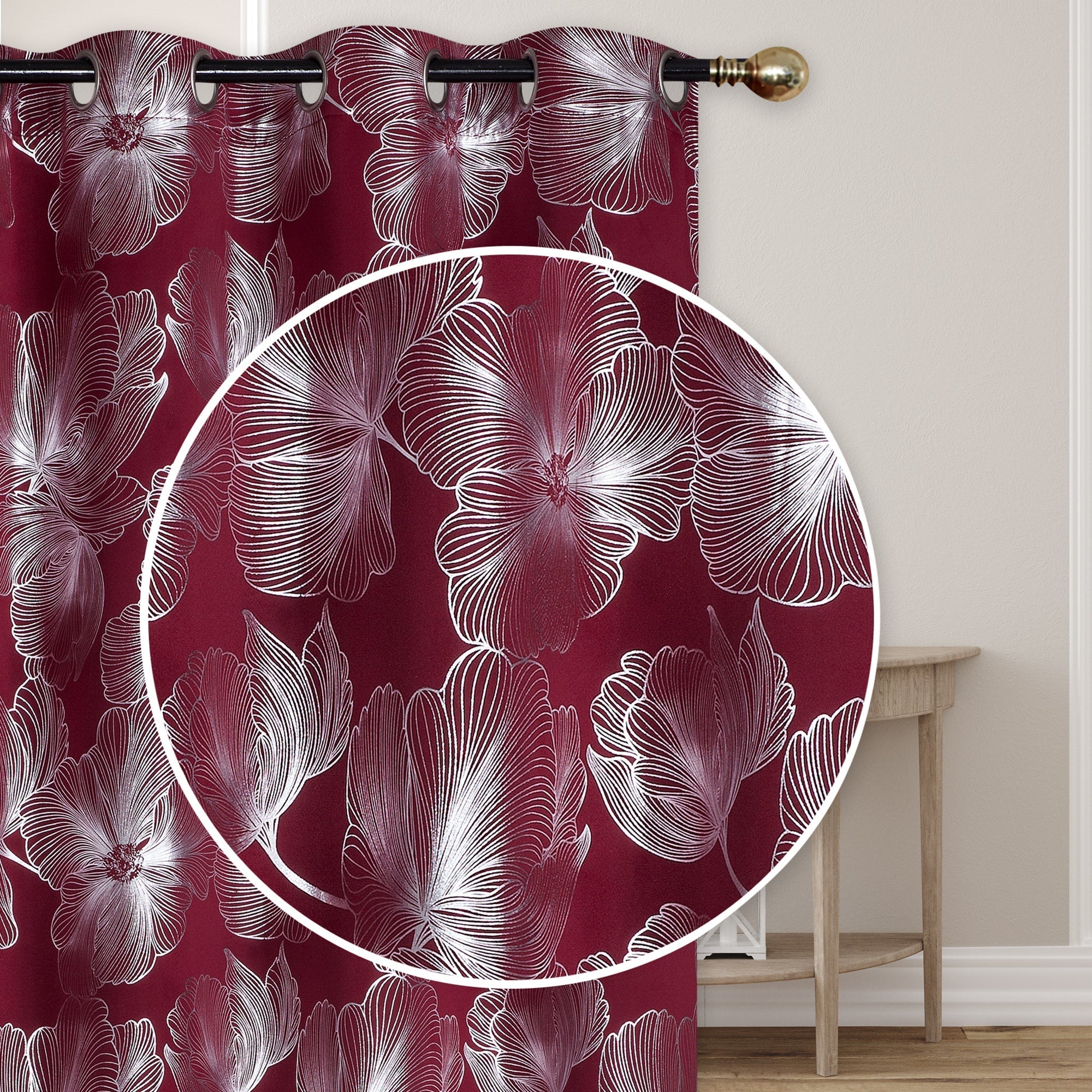 Foil Print Window Curtain Panel with 8 Grommets Hibiscus Burgundy 96" - Set of 2 Floral Decorative Window Drapes