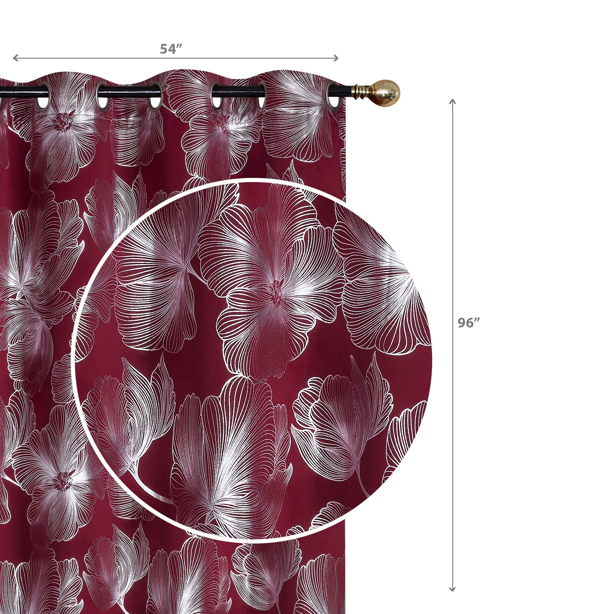 Foil Print Window Curtain Panel with 8 Grommets Hibiscus Burgundy 96" - Set of 2 Floral Decorative Window Drapes