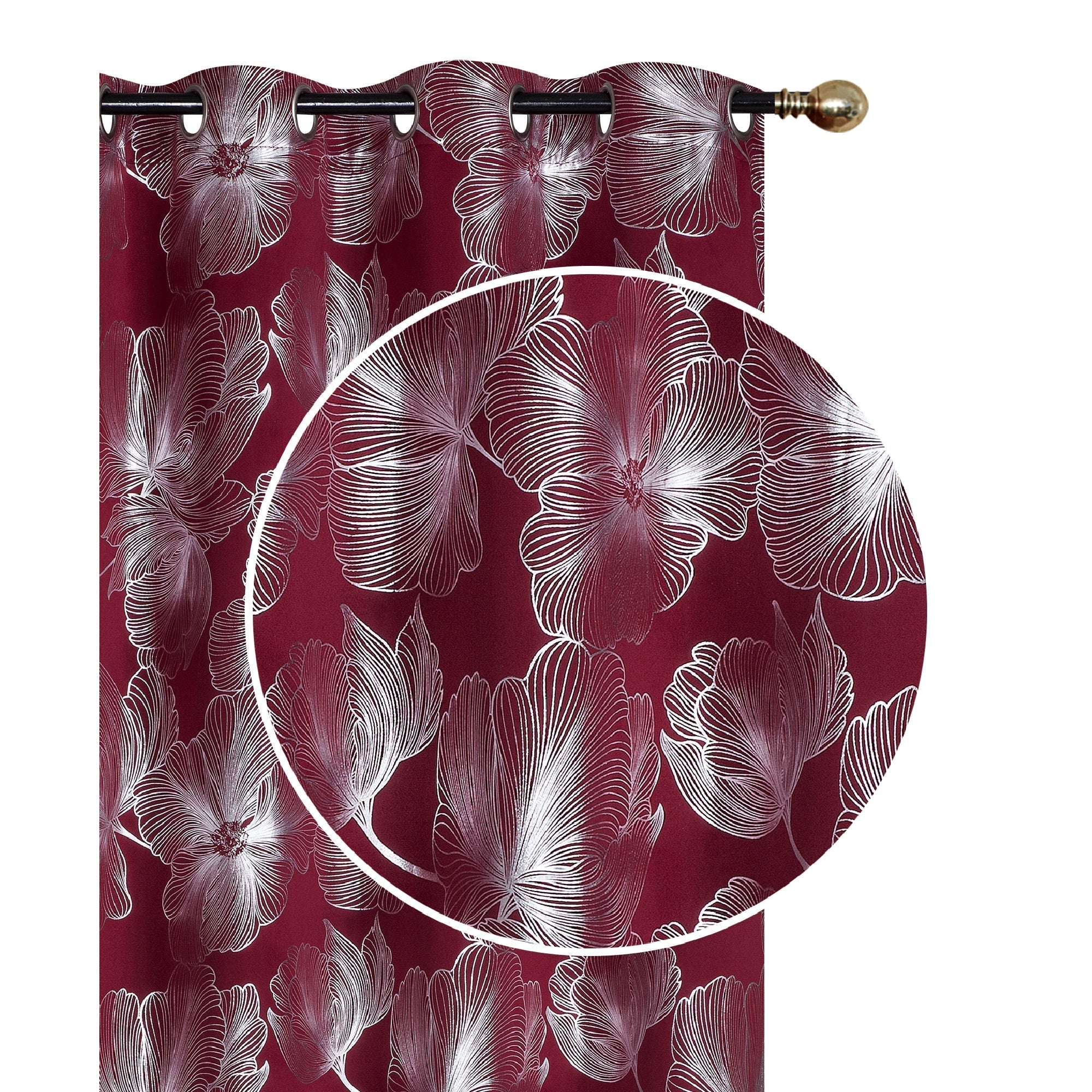 Foil Print Window Curtain Panel with 8 Grommets Hibiscus Burgundy 84" - Set of 2 Floral Decorative Curtains