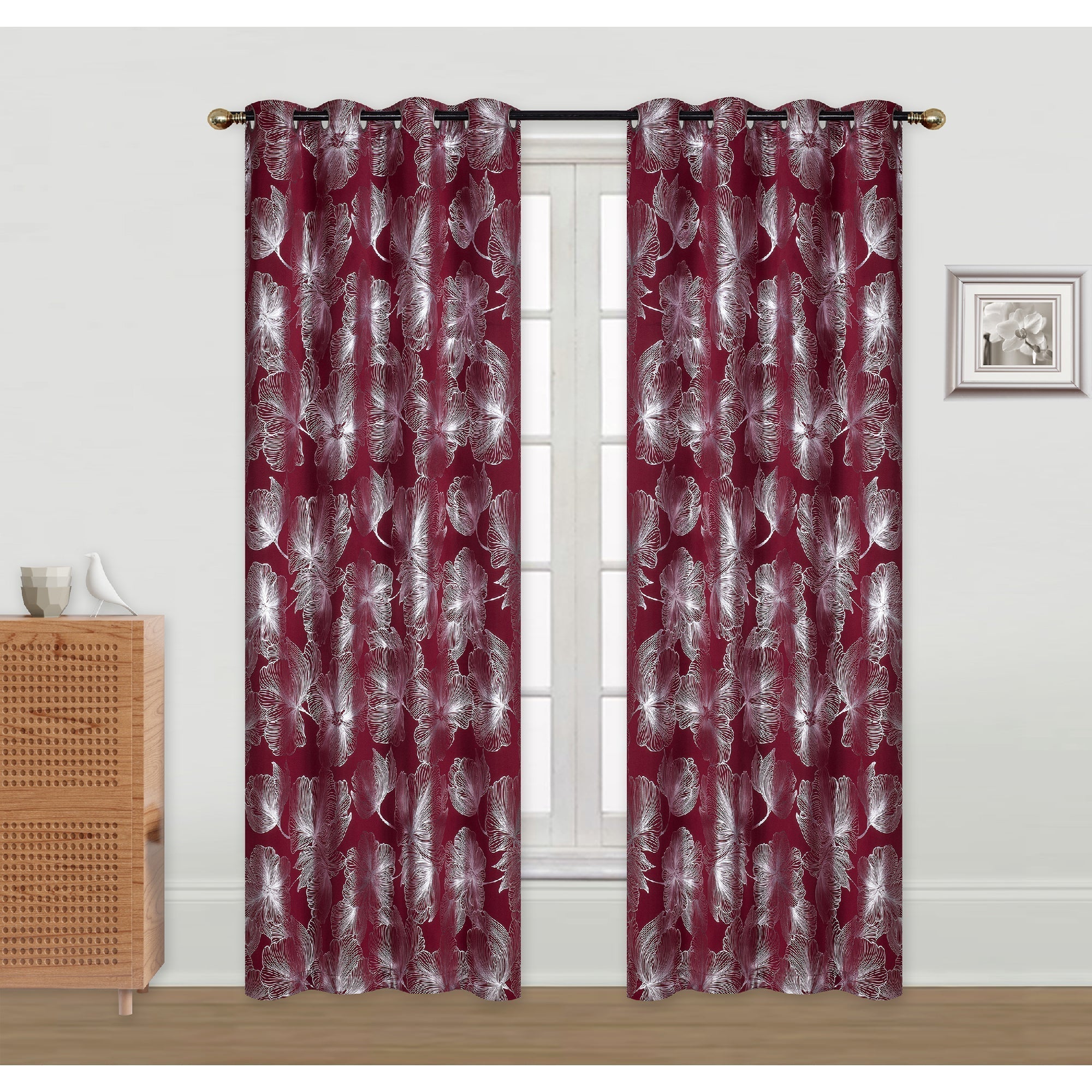Foil Print Window Curtain Panel with 8 Grommets Hibiscus Burgundy 84" - Set of 2 Floral Decorative Curtains