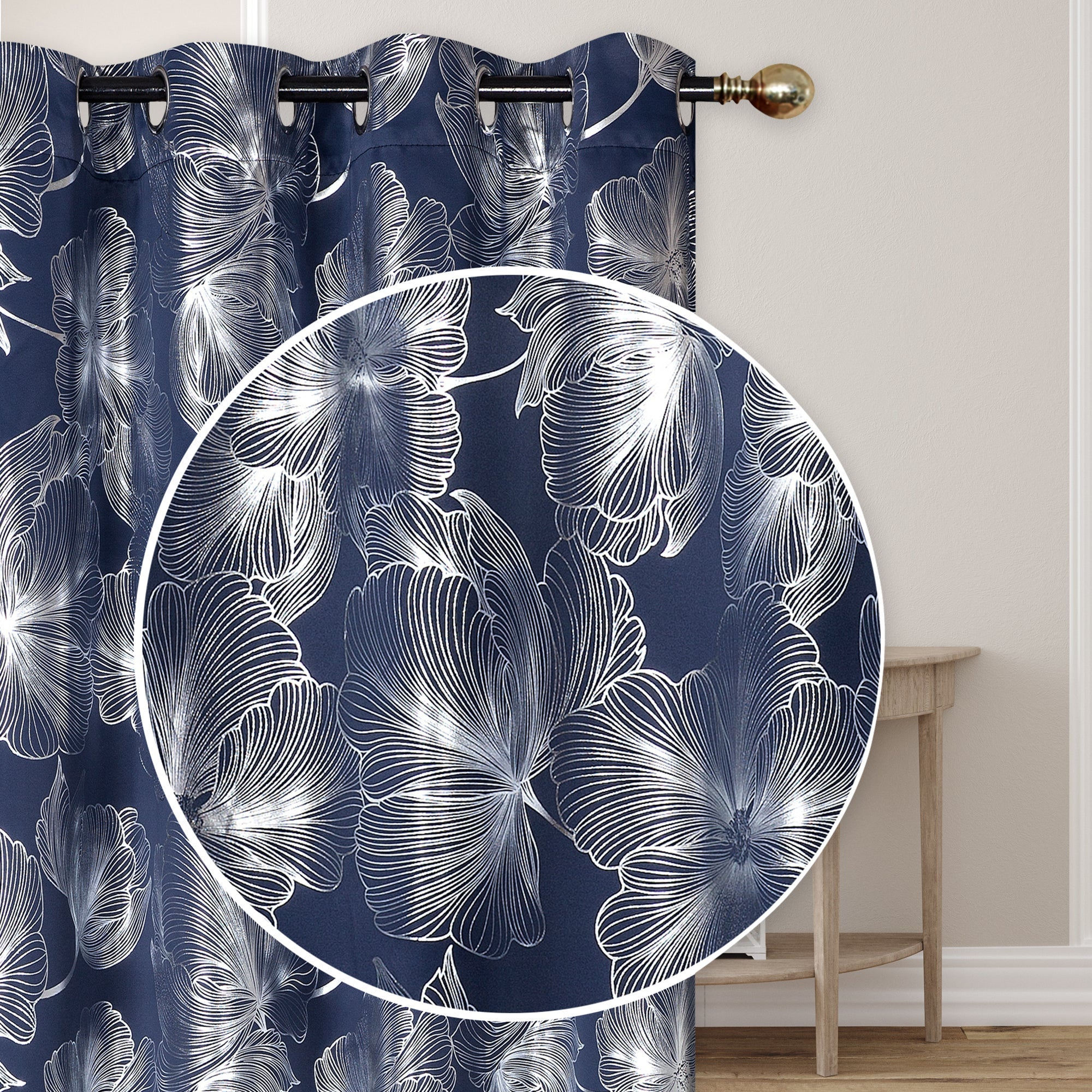 Foil Print Window Curtain Panel with 8 Grommets Hibiscus Navy Blue 96" - Set of 2 Floral Pattern Decorative Drapes