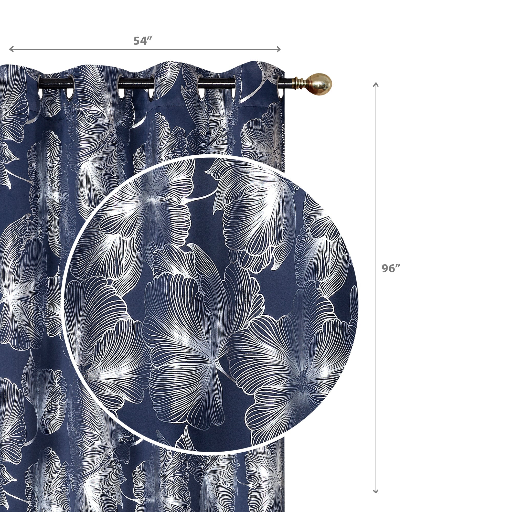 Foil Print Window Curtain Panel with 8 Grommets Hibiscus Navy Blue 96" - Set of 2 Floral Pattern Decorative Drapes