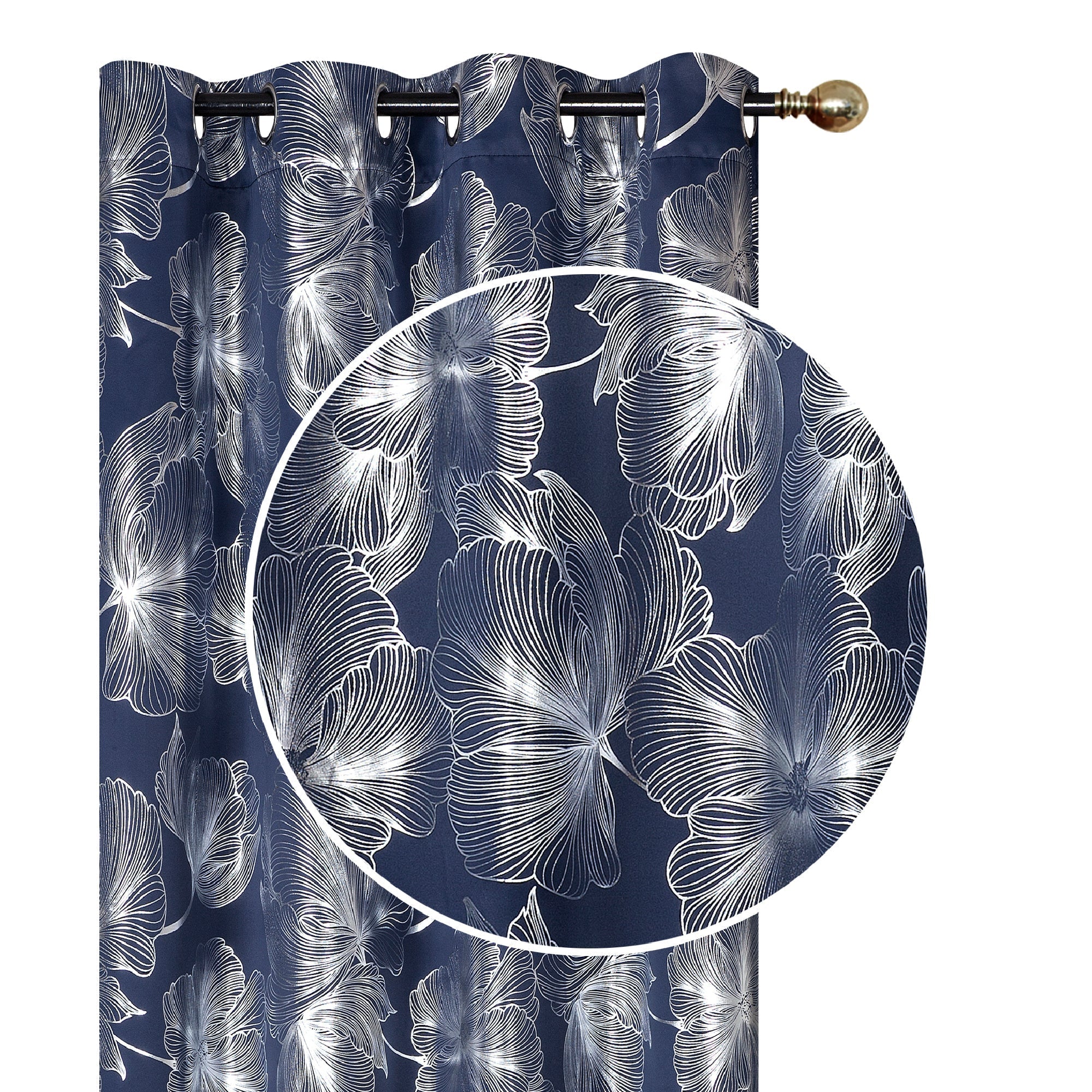 Foil Print Window Curtain Panel with 8 Grommets Hibiscus Navy Blue 84" - Set of 2 Decorative Floral Drapes