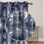 Foil Print Window Curtain Panel with 8 Grommets Hibiscus Navy Blue 84" - Set of 2 Decorative Floral Drapes