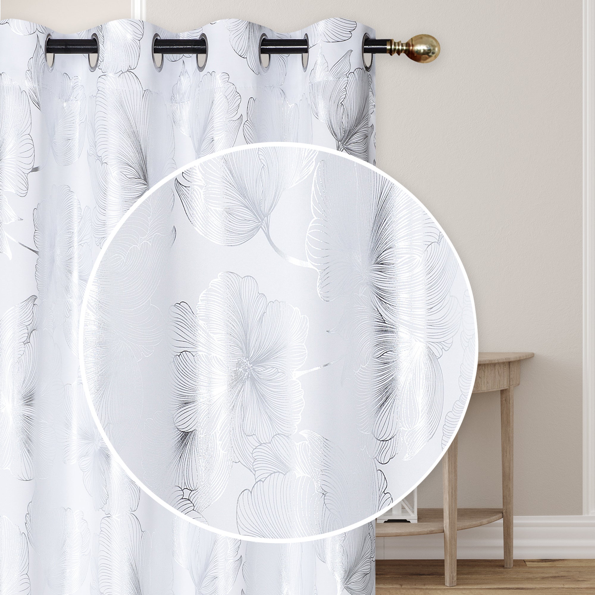 Foil Print Window Curtain Panel with 8 Grommets Hibiscus White 96" - Set of 2 Elegant Floral Window Curtains