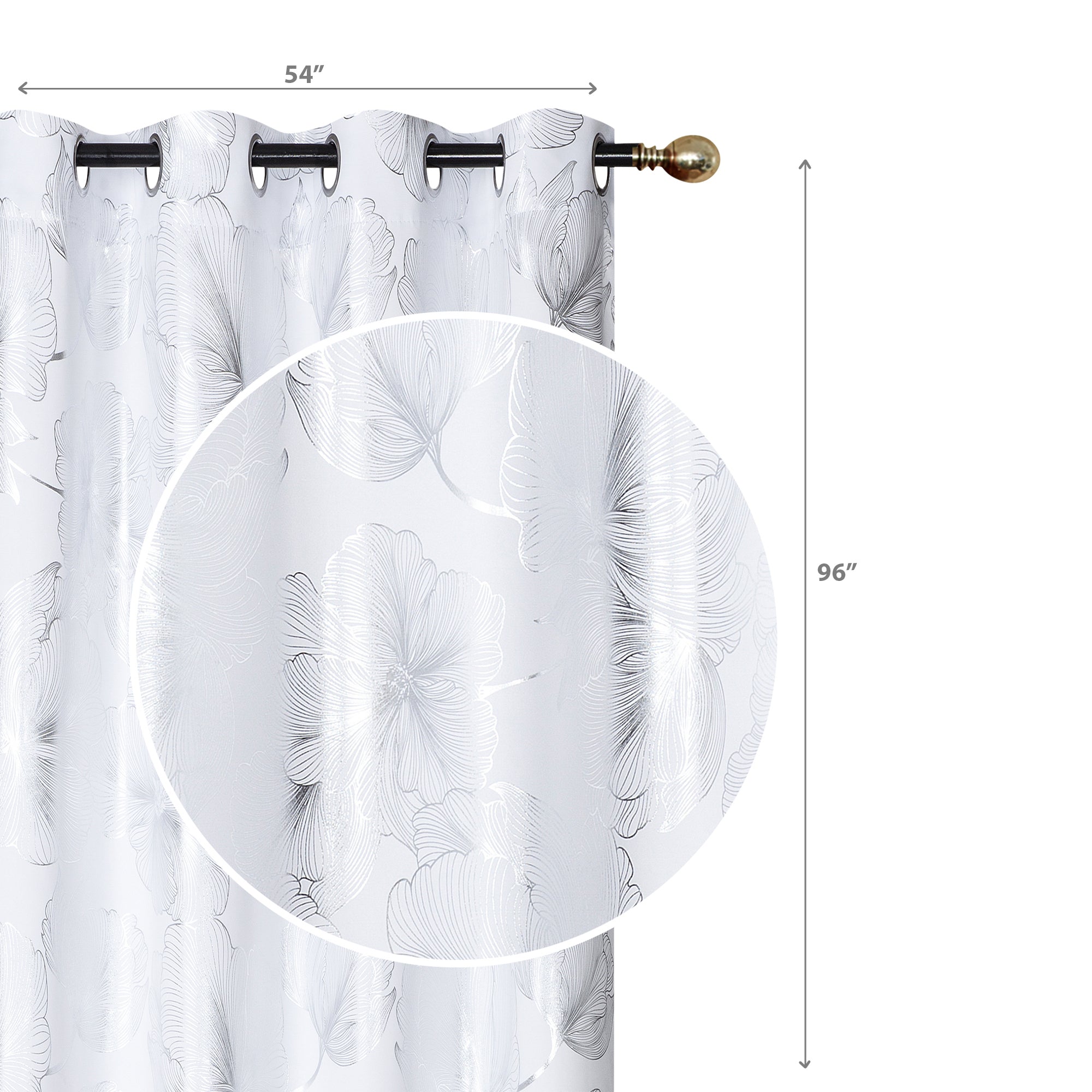 Foil Print Window Curtain Panel with 8 Grommets Hibiscus White 96" - Set of 2 Elegant Floral Window Curtains