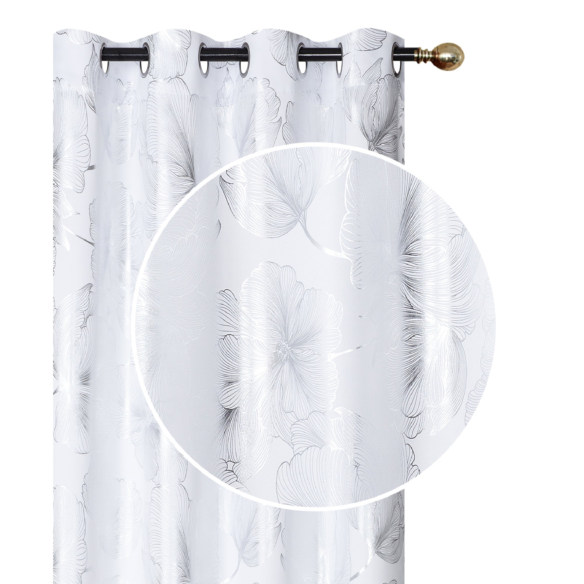 Foil Print Window Curtain Panel with 8 Grommets Hibiscus White 96" - Set of 2 Elegant Floral Window Curtains