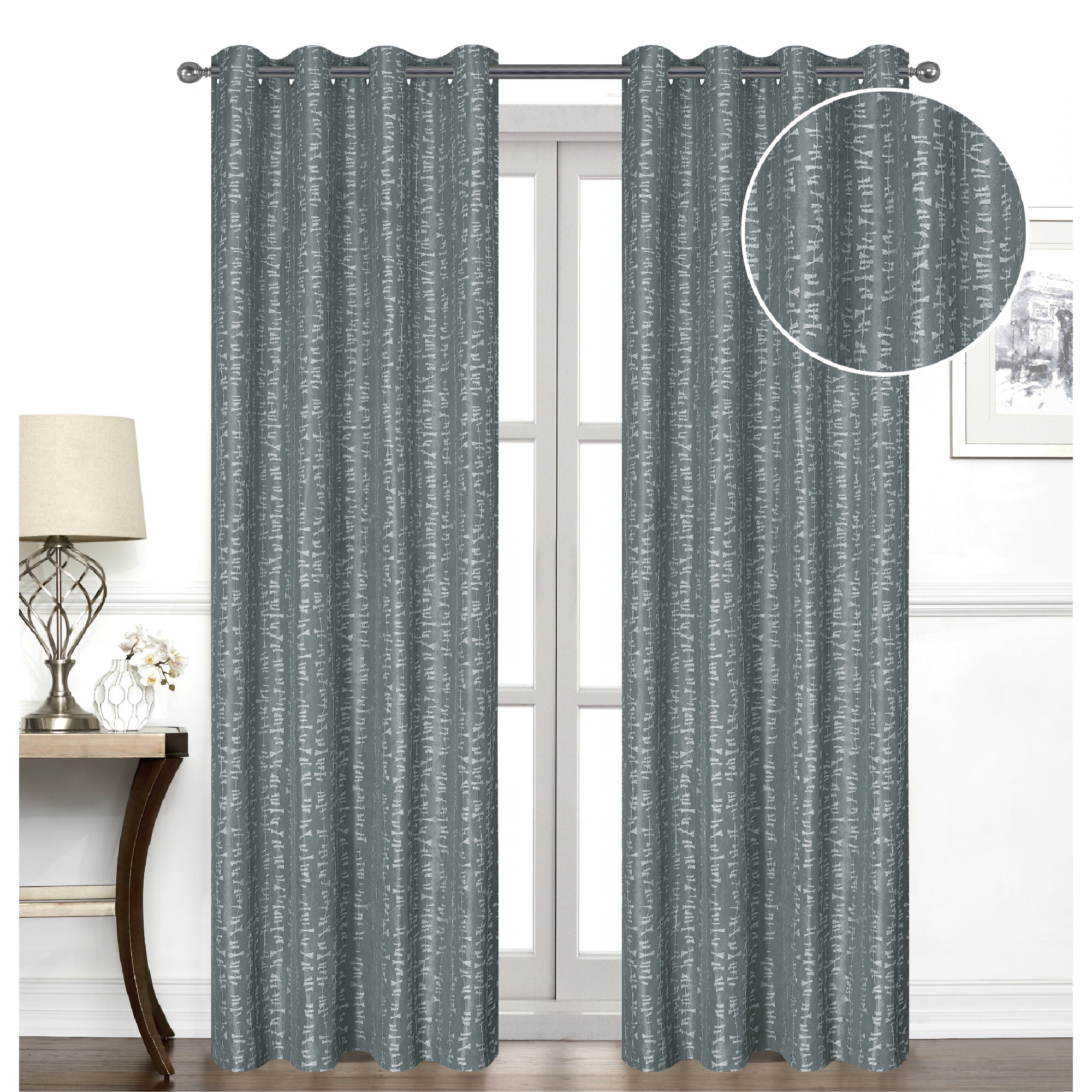 Jacquard Window Panel Curtain 96 Inch Charcoal With 8 Grommets Set Of 2, Decorative Drapes