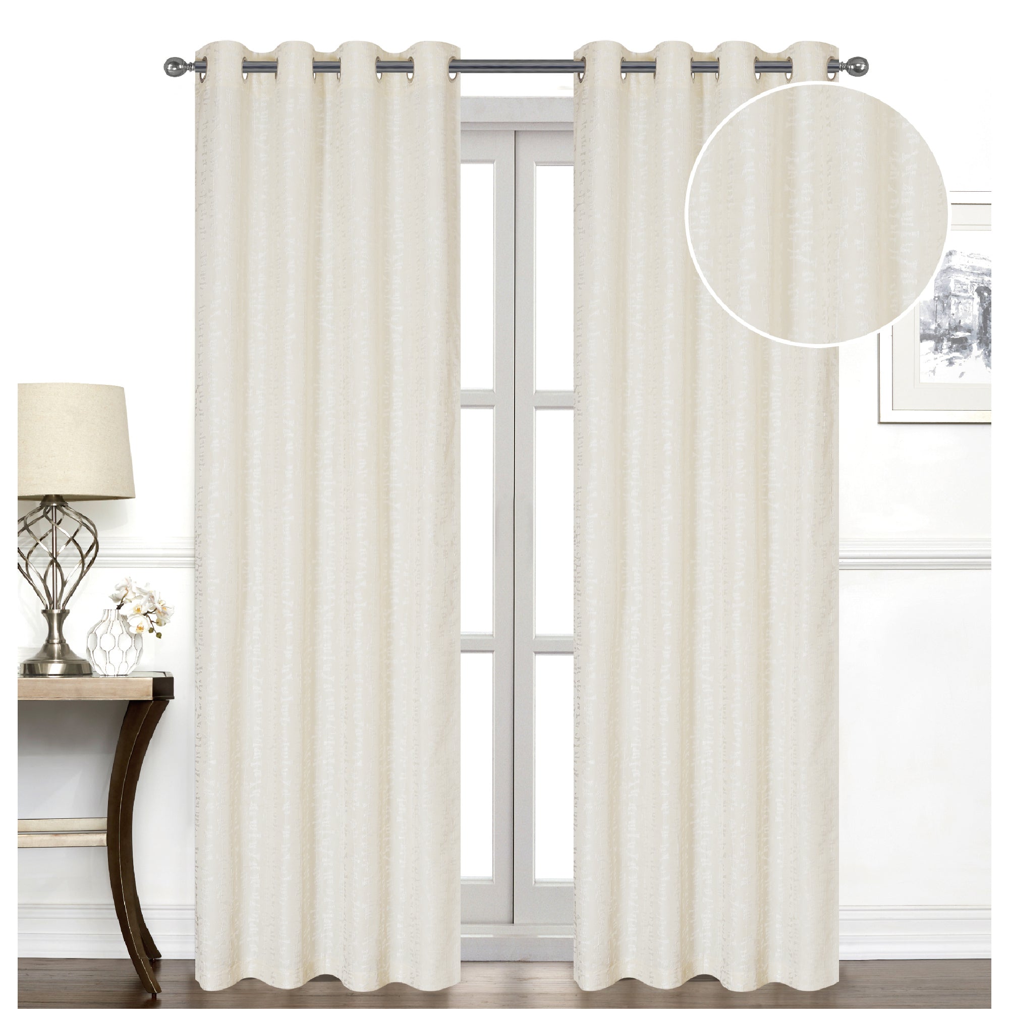 Jacquard Window Panel Curtain 96 Inch Ivory With 8 Grommets Set Of 2, Decorative Drapes