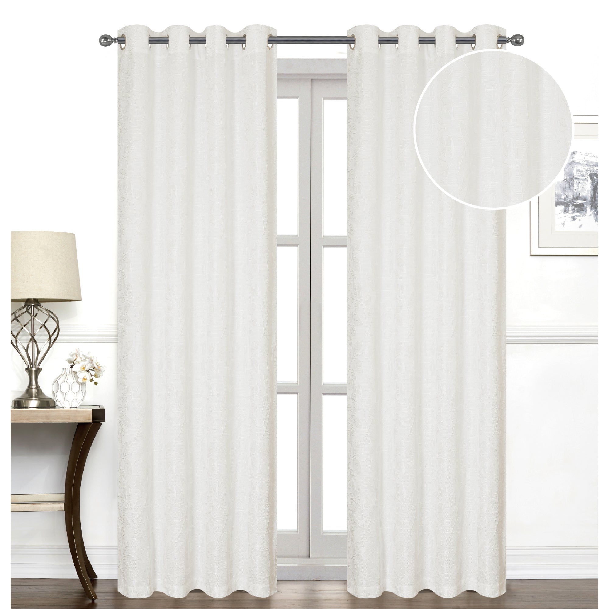 Jacquard Window Curtain Panel with 8 Grommets Leaves White 96" - Set of 2 Elegant Leaf Pattern Window Drapes for Living Room