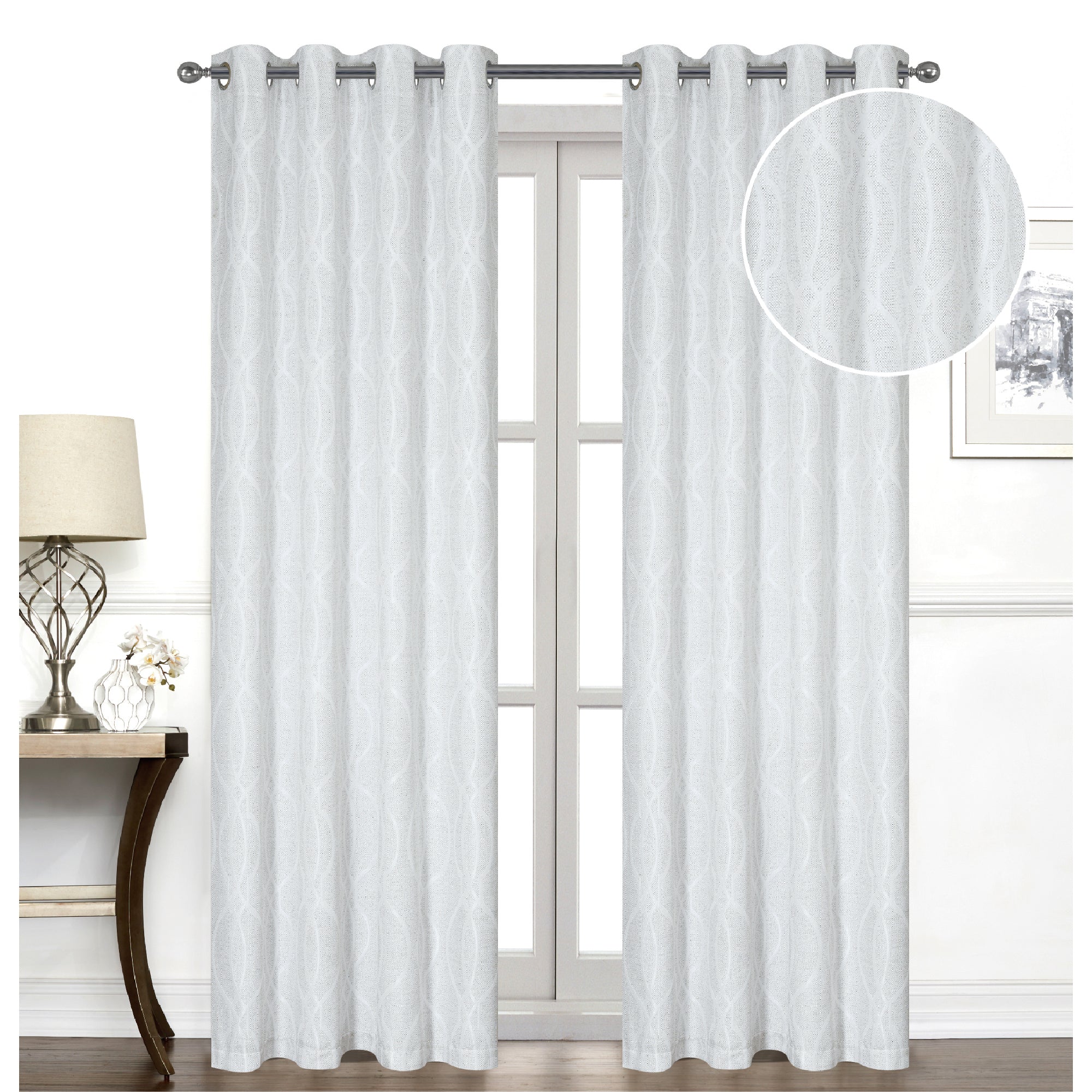Jacquard Window Panel Curtain 96 Inch Tilde Gray With 8 Grommets Set Of 2, Decorative Drapes