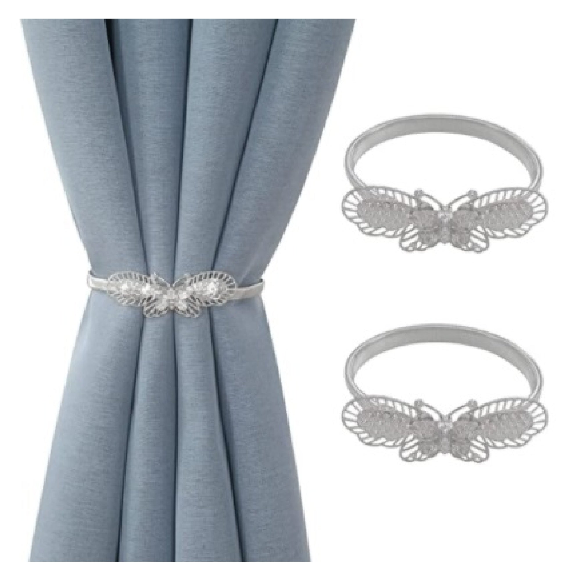 Set of 2 Silver Butterfly Curtain Tiebacks Decorative Drapery Holdbacks