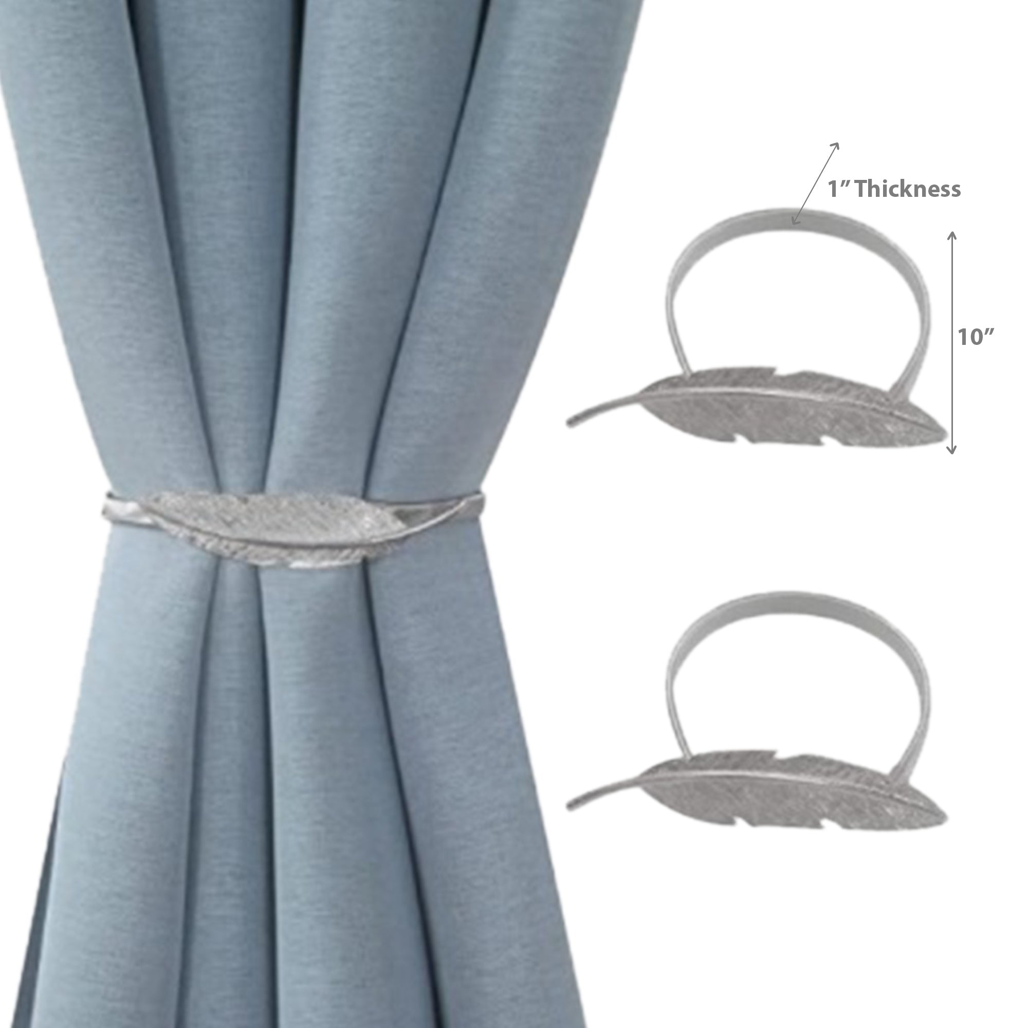Set of 2 Silver Feather Curtain Tiebacks Decorative Drapery Holdbacks for Window Curtains and Living Room Décor