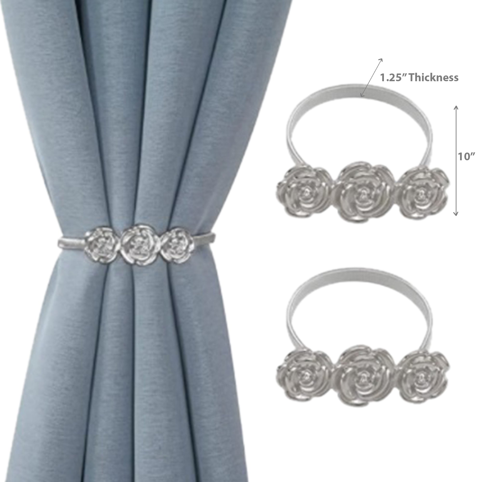 Set of 2 Silver Rose Curtain Tiebacks Decorative Drapery Holdbacks for Window Curtains