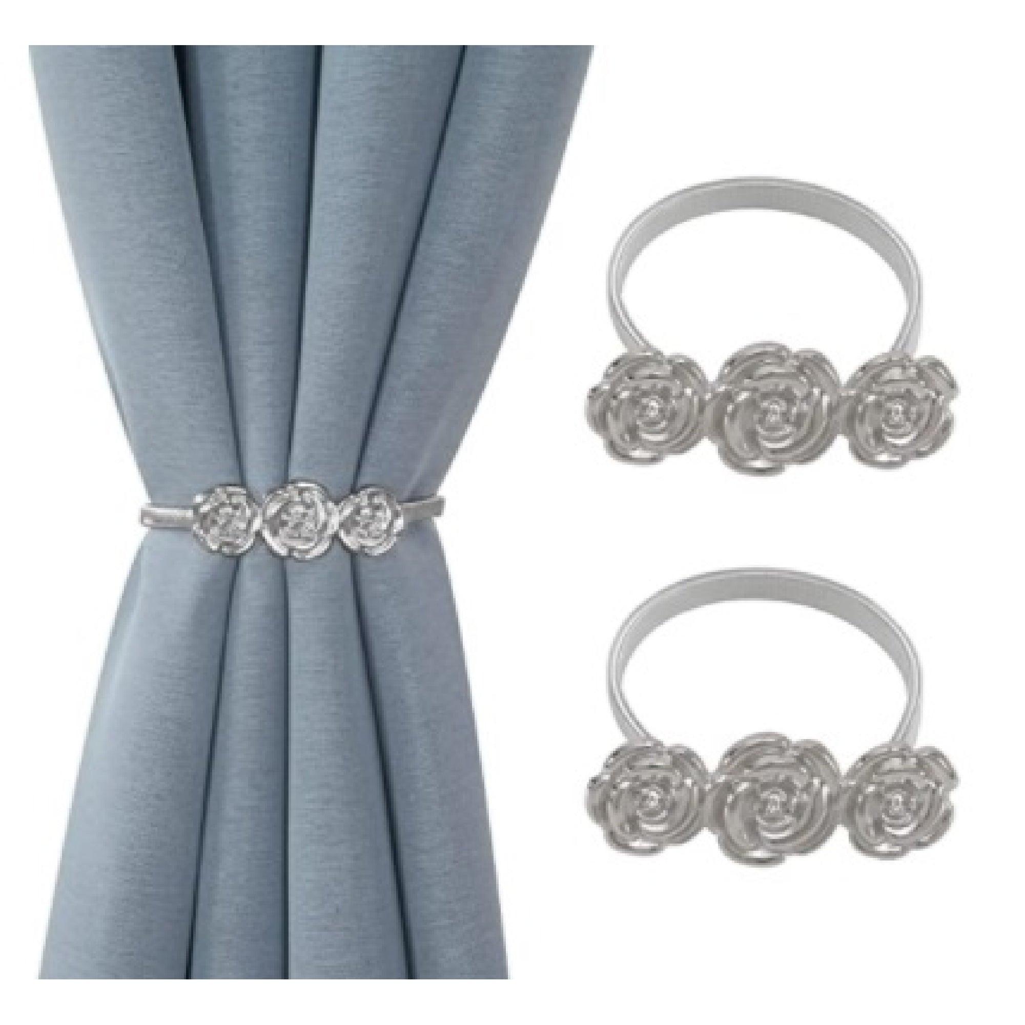 Set of 2 Silver Rose Curtain Tiebacks Decorative Drapery Holdbacks for Window Curtains