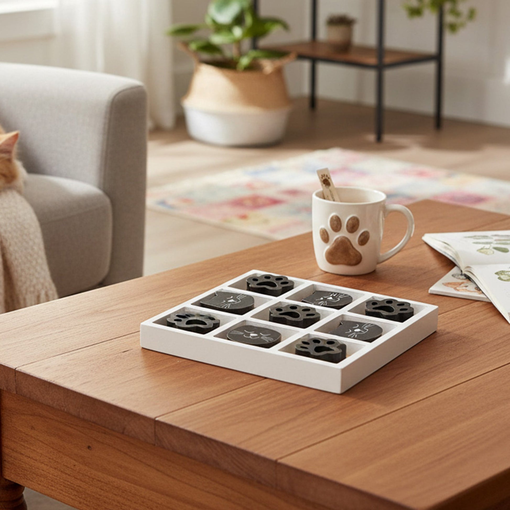 Wooden Tic Tac Toe Gameboard Featuring Cat Design - Set of 2