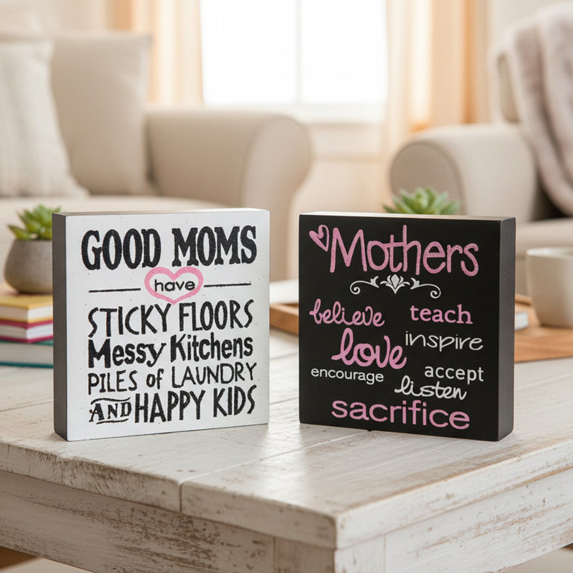 Assorted Wood Blocks with “Good Moms” Messages - Set of 2