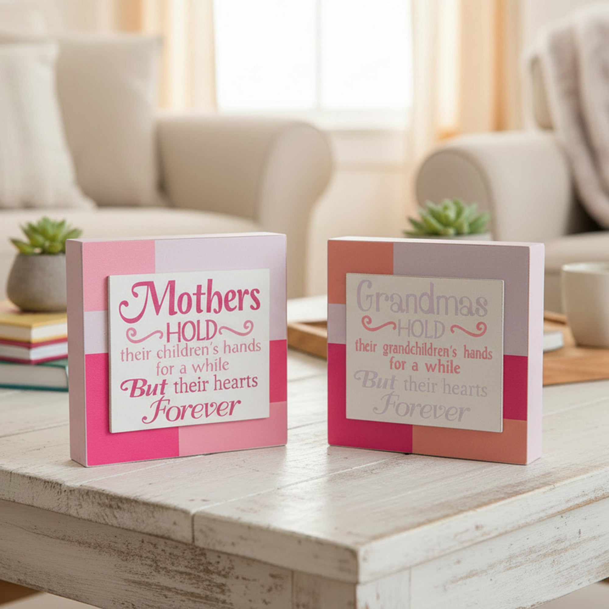 Assorted Wood Blocks “Mother/Grandma Hold Hearts Forever” - Set of 2
