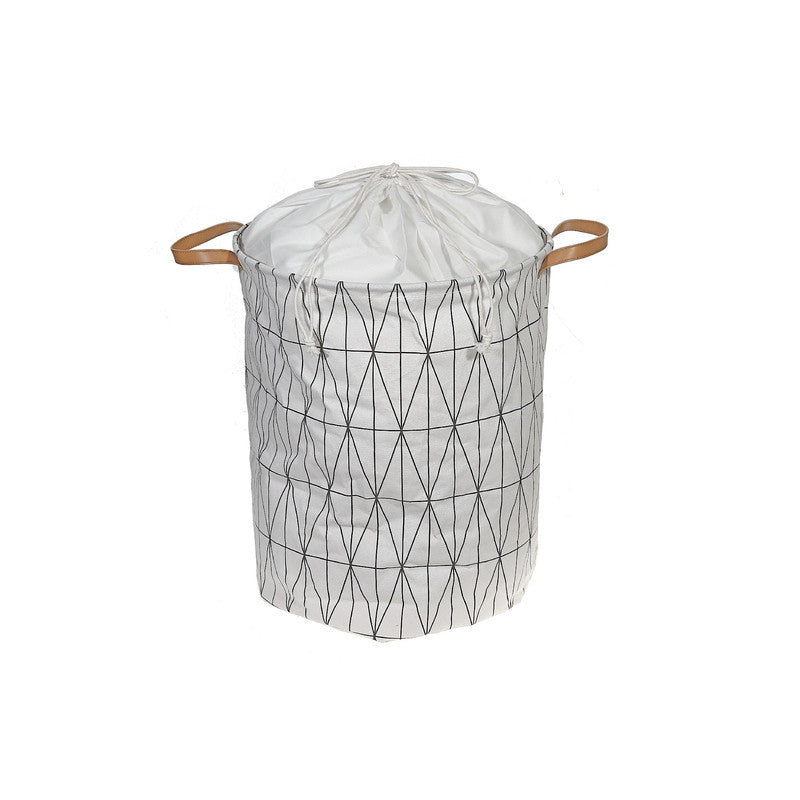 Round Fabric Hamper White Diamond Pattern Laundry Basket With Handle