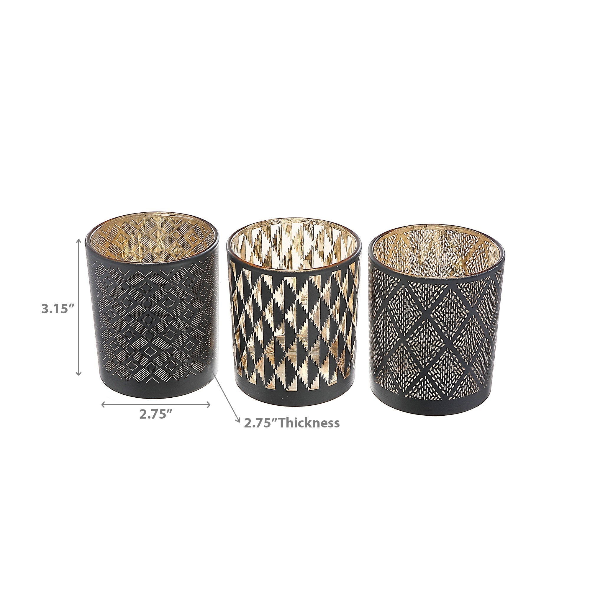 Glass Tealight Holder Black Pattern - Set of 3