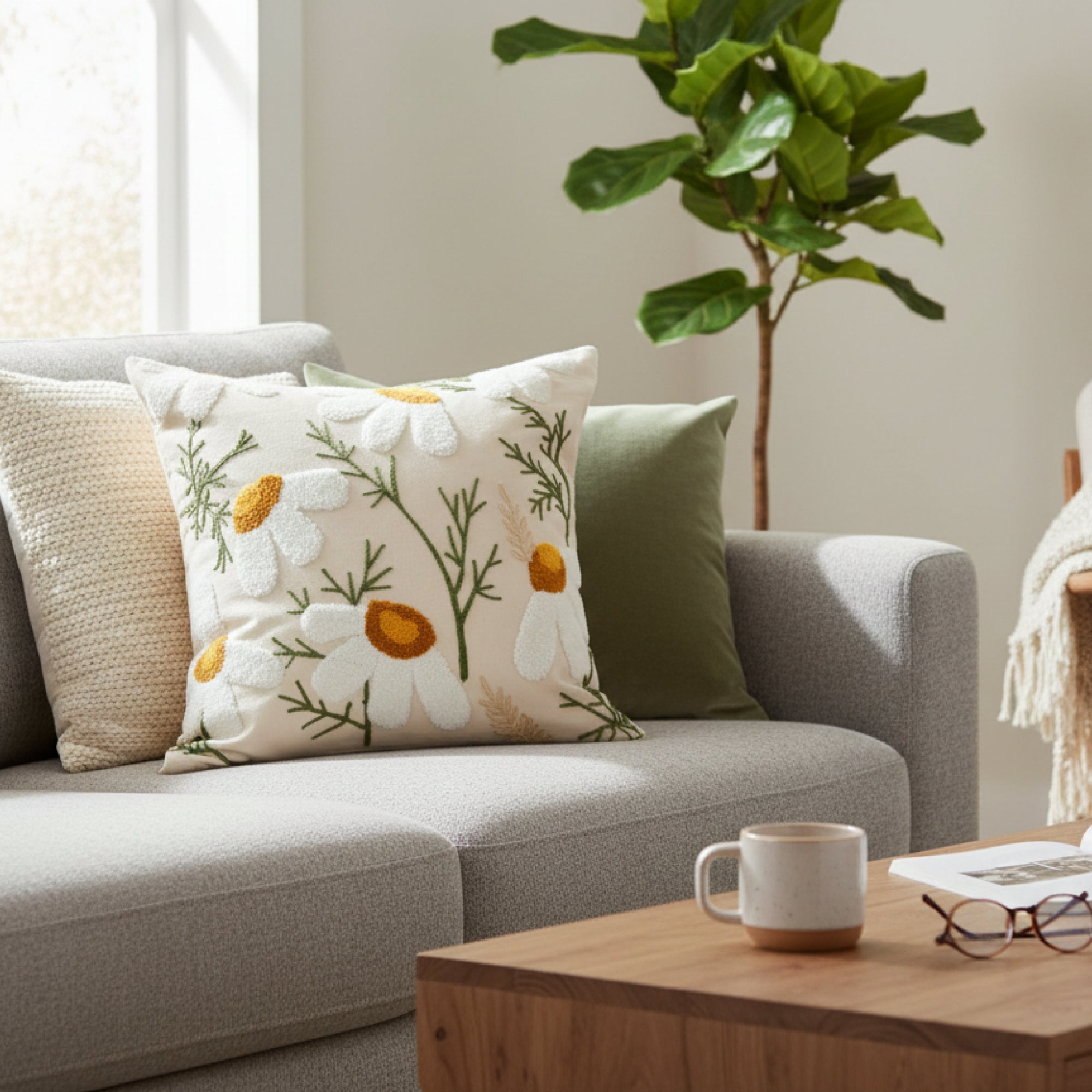 Square Cotton Cushion with Embroidered Daisies