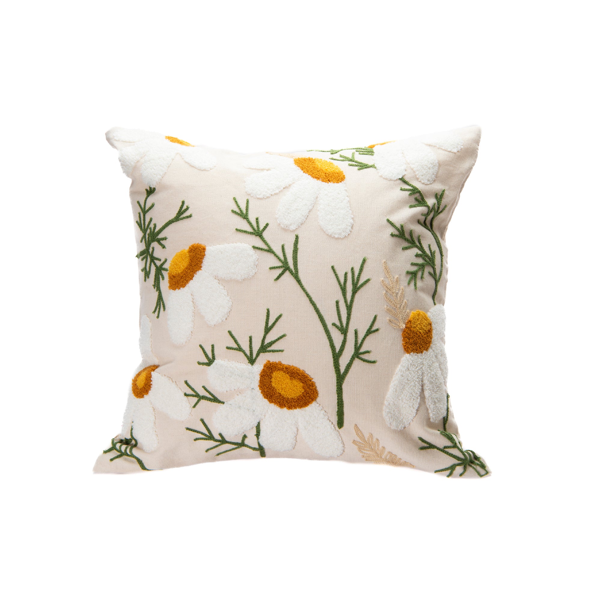 Square Cotton Cushion with Embroidered Daisies