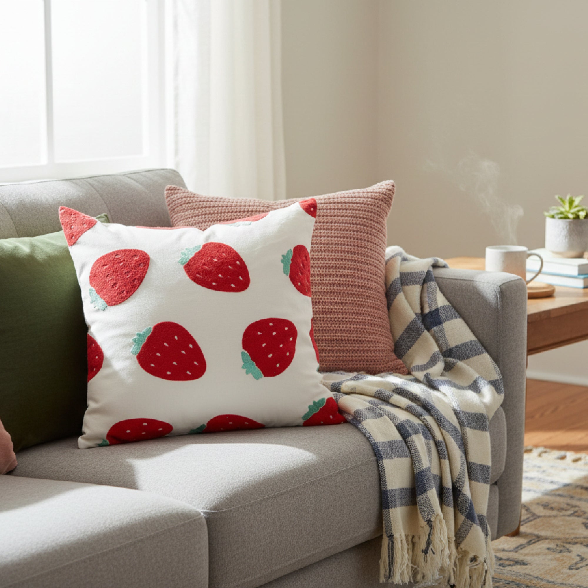Square Cotton Cushion with Embroidered Large Strawberries