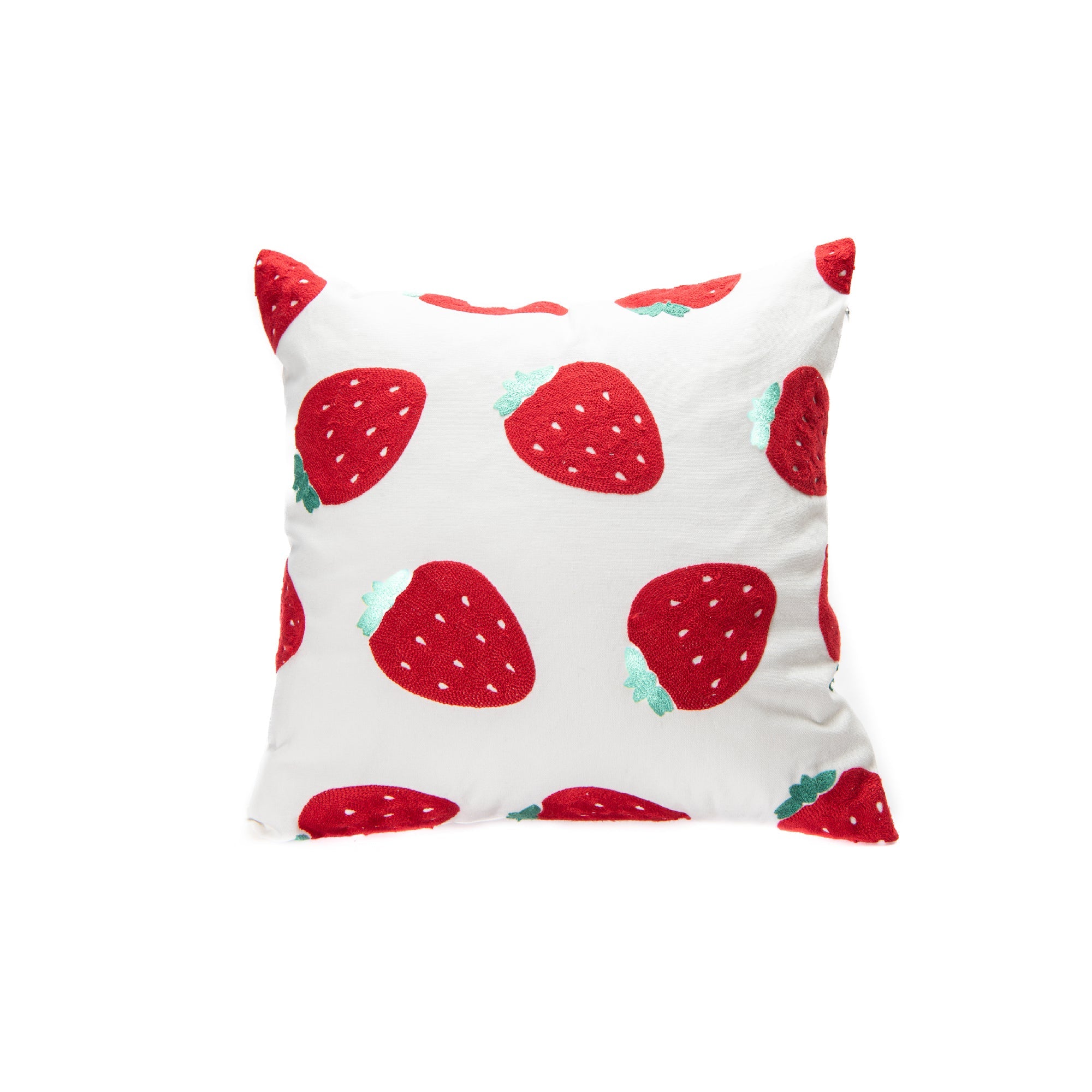Square Cotton Cushion with Embroidered Large Strawberries