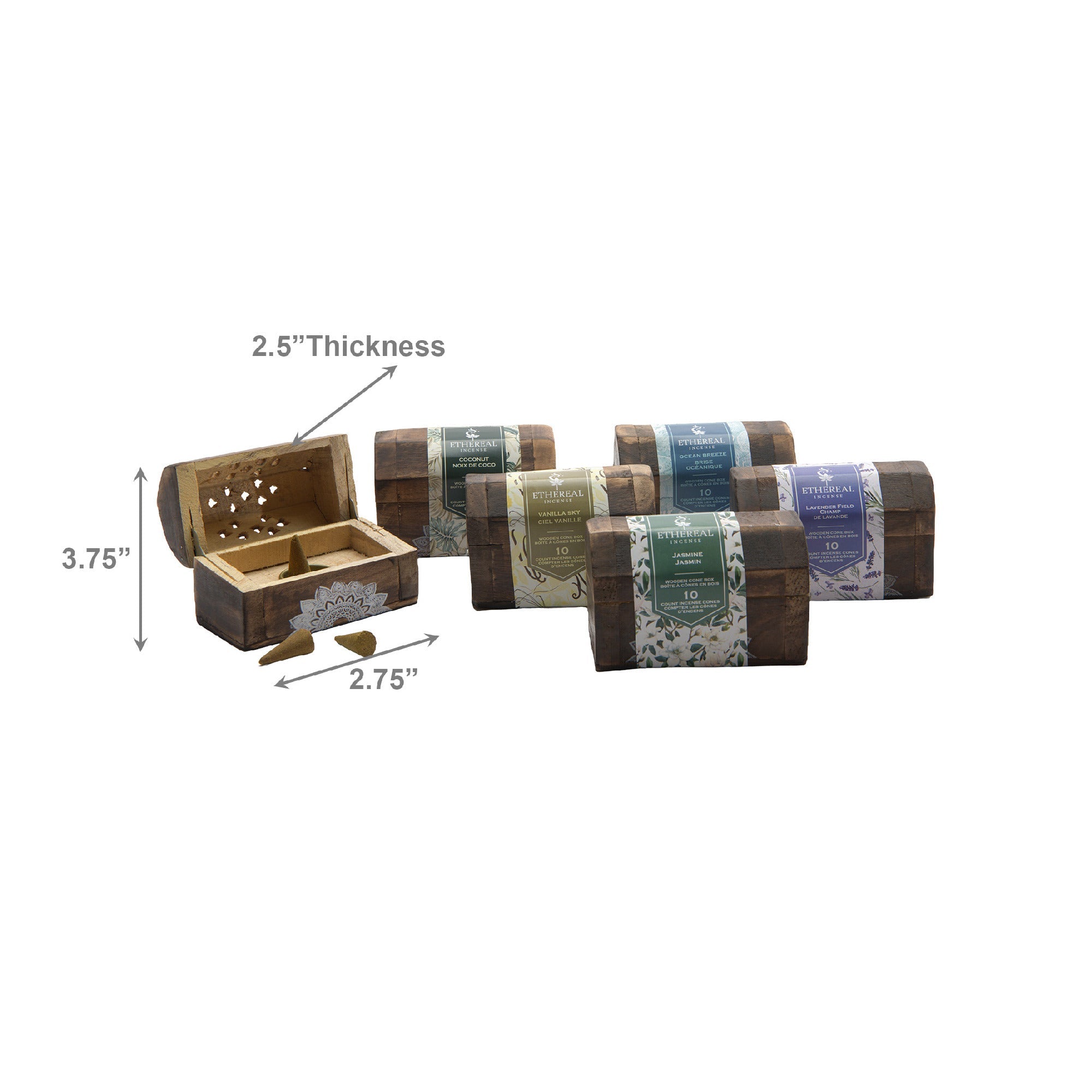 Assorted Ethereal Incense Cones in Mango Wood Box, 10-Pack - Set of 6